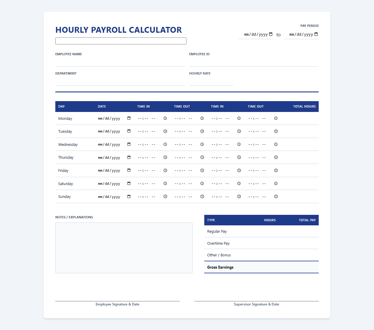 Hourly Payroll Calculator with Time Card
