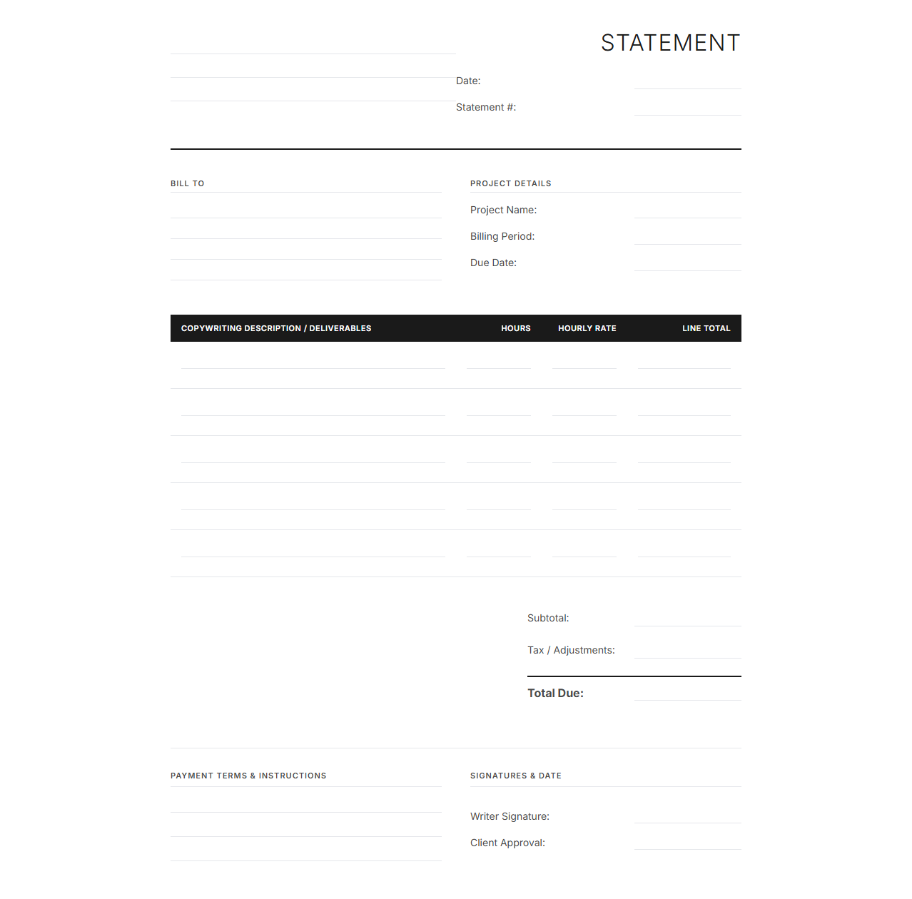 Hourly Rate Copywriter Billing Statement Template