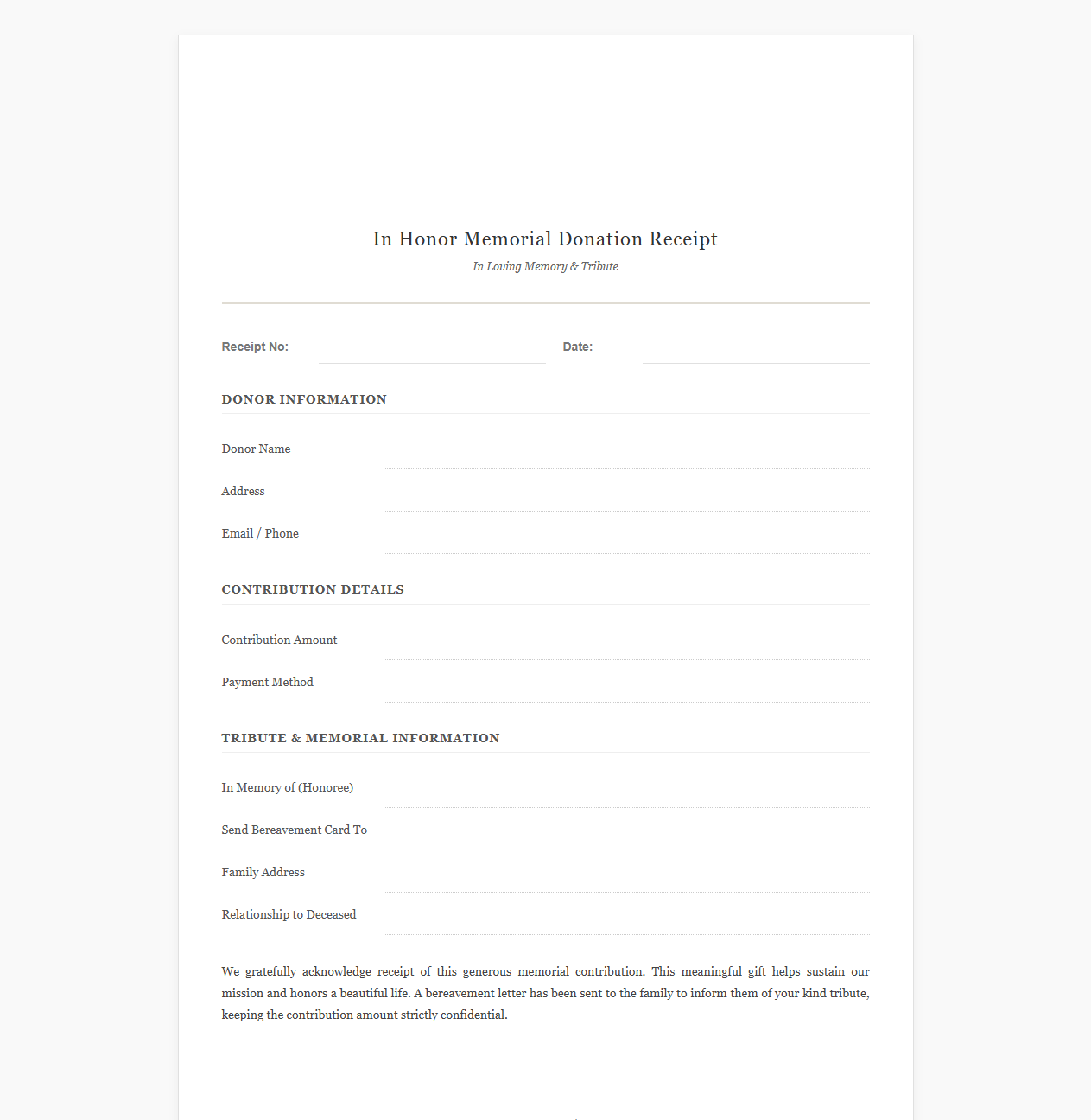 In Honor Donation Receipt for Bereaved Families