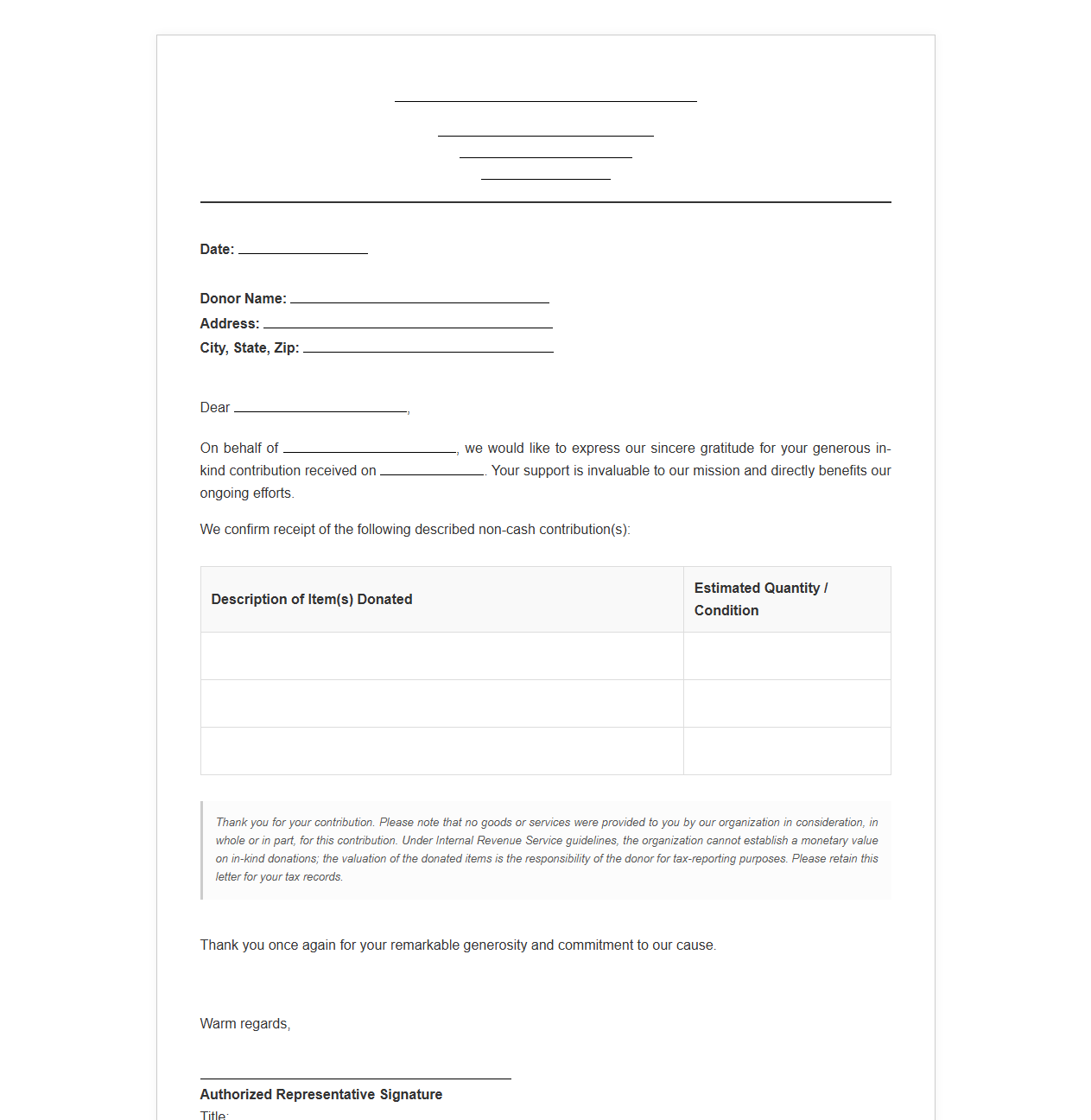 In-Kind Contribution Acknowledgement Letter