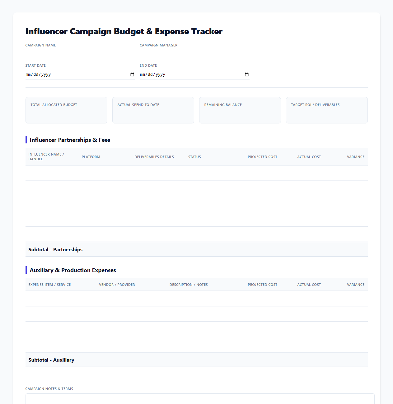 Influencer Campaign Budget and Expense Tracker