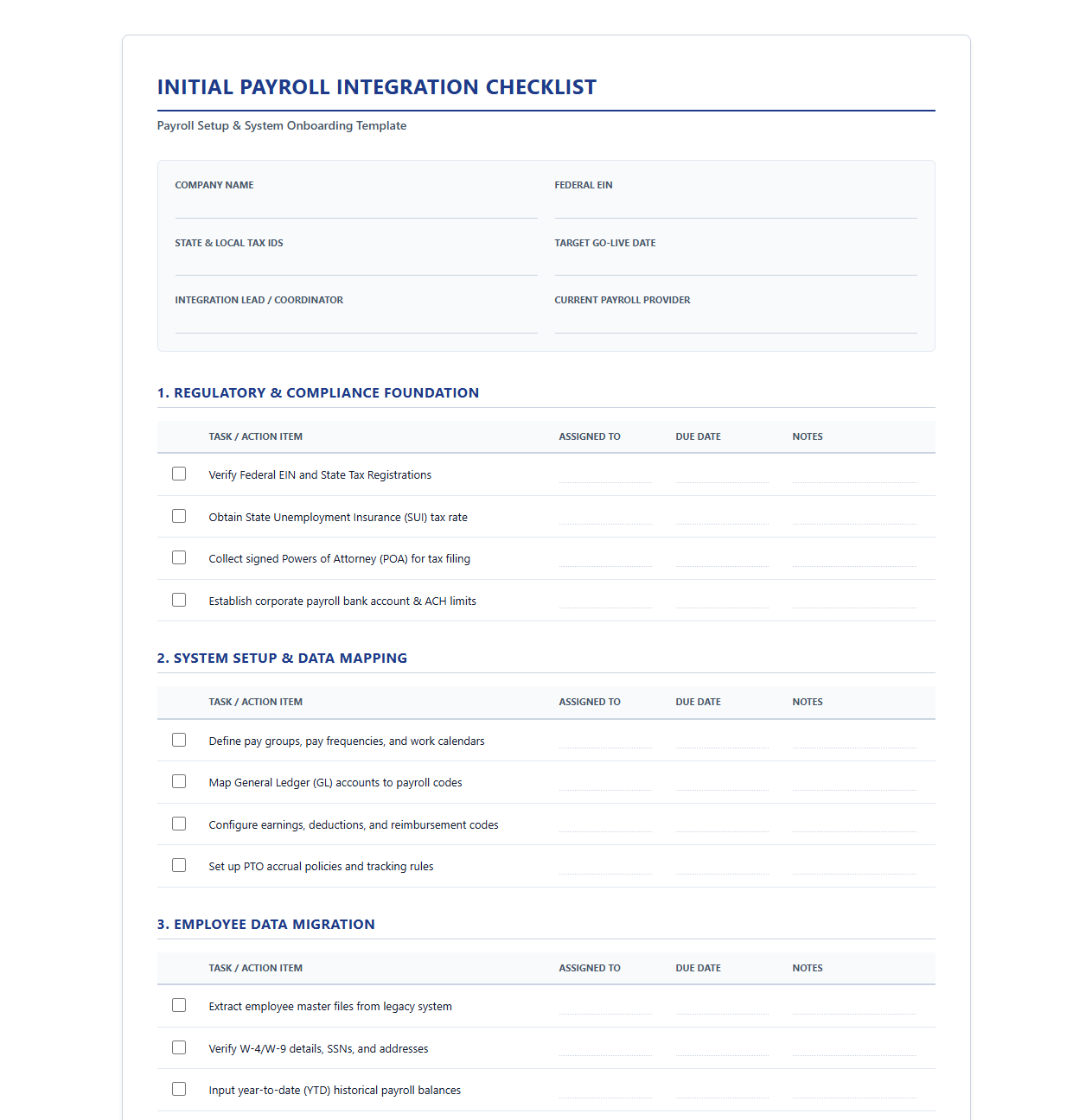 Initial Payroll Integration Checklist Template