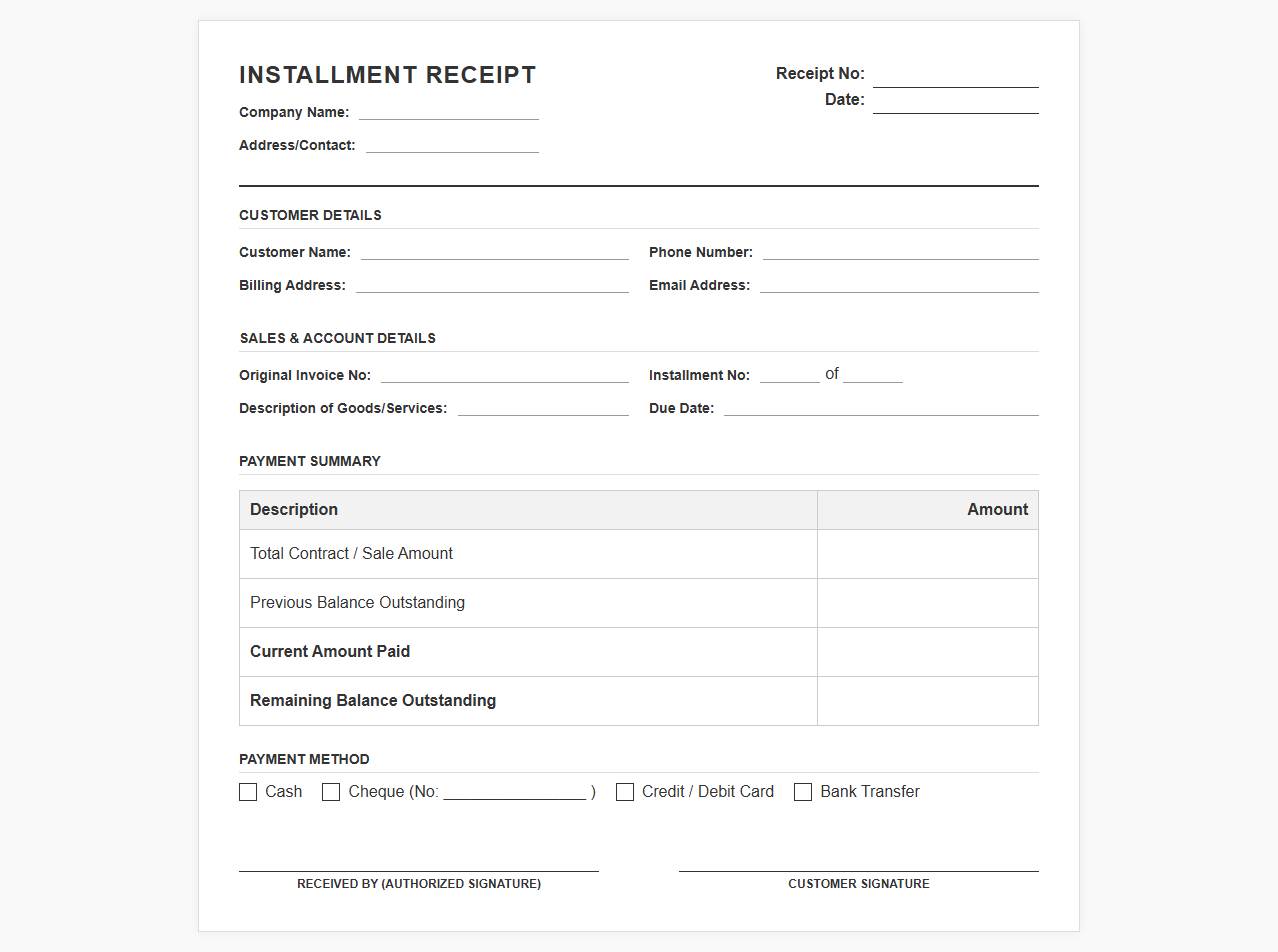 Installment Payment Receipt Template
