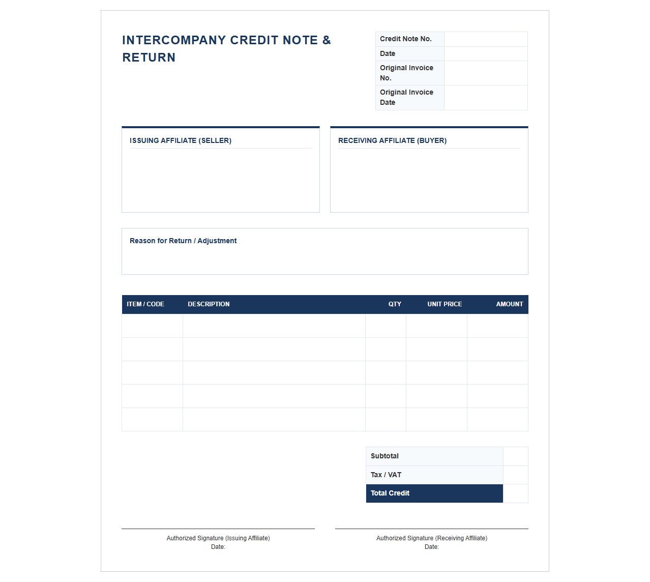 Intercompany Sales Credit Note and Return Template