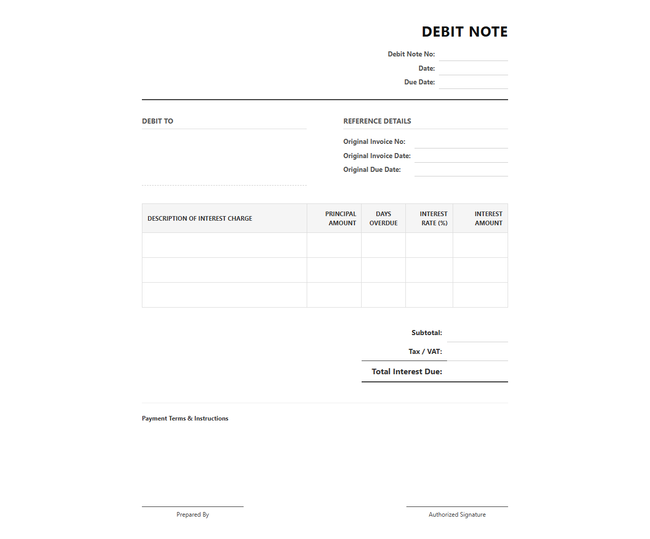 Interest Charge Debit Invoice Template