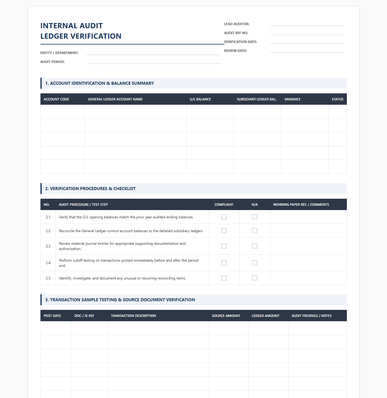 Internal Audit Ledger Verification Template