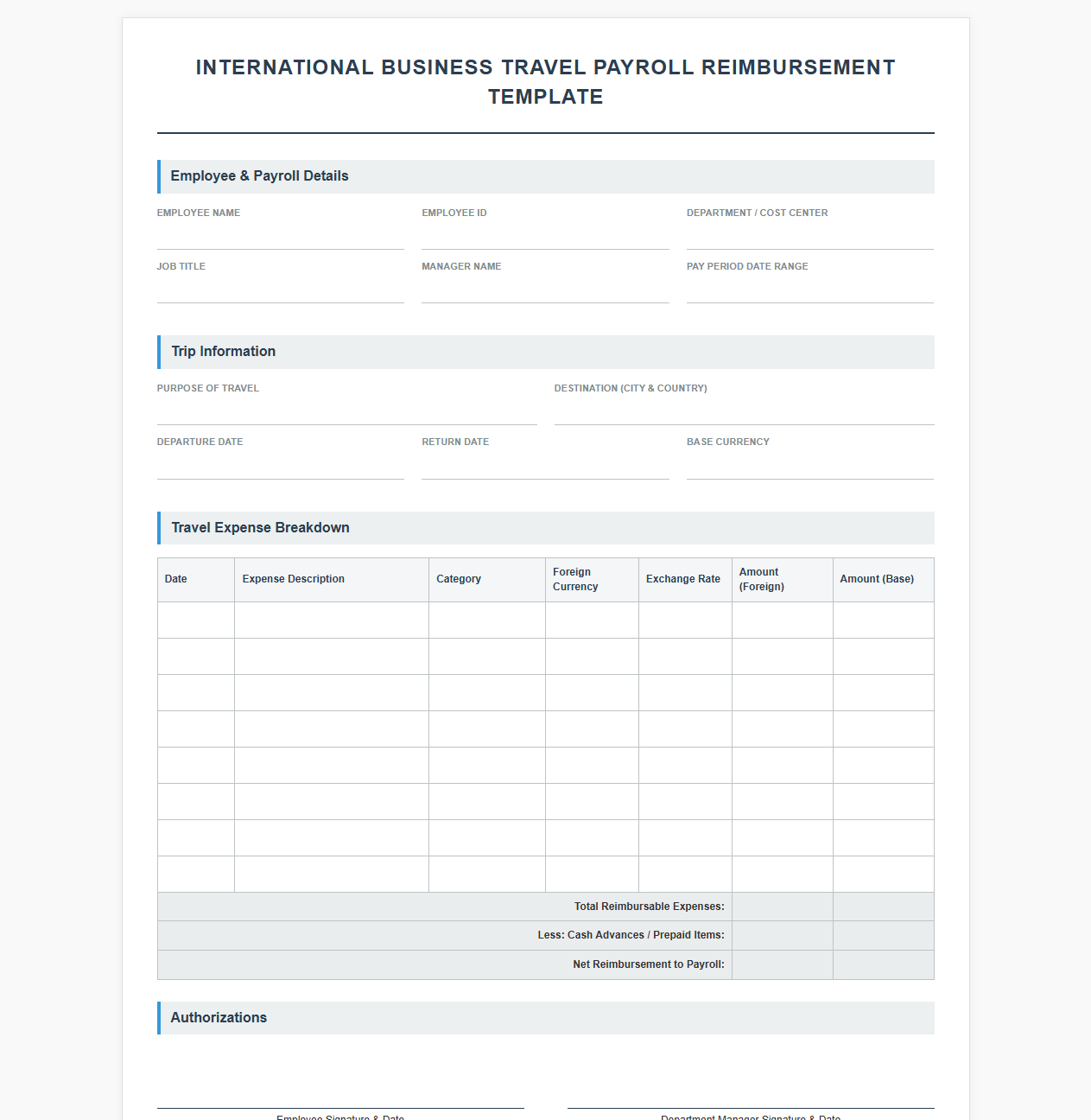 International Business Travel Payroll Reimbursement Template