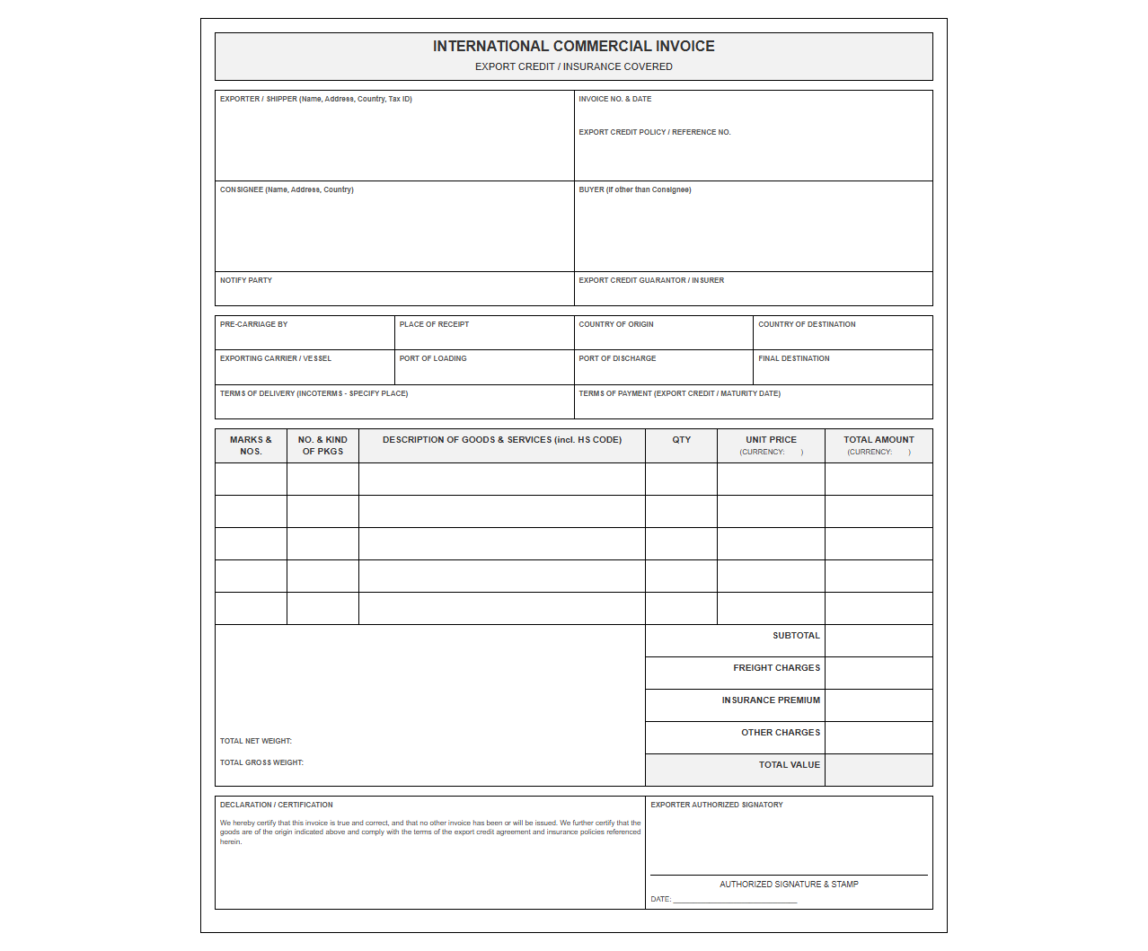 International Export Credit Commercial Invoice