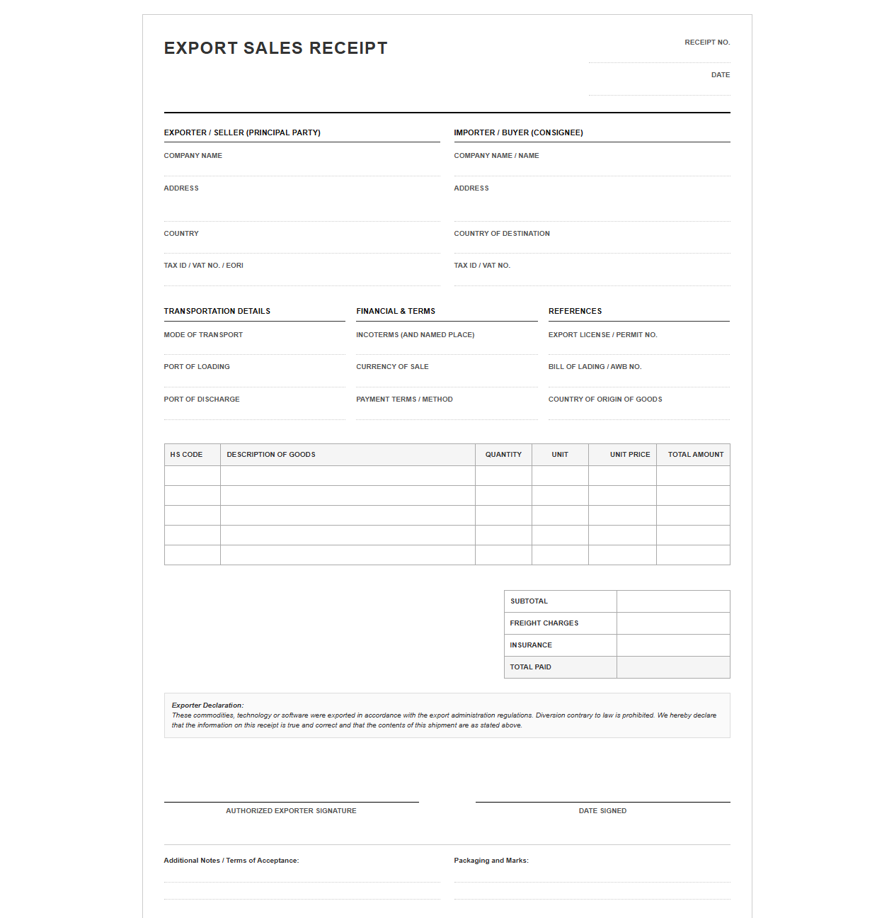 International Export Sales Receipt Template