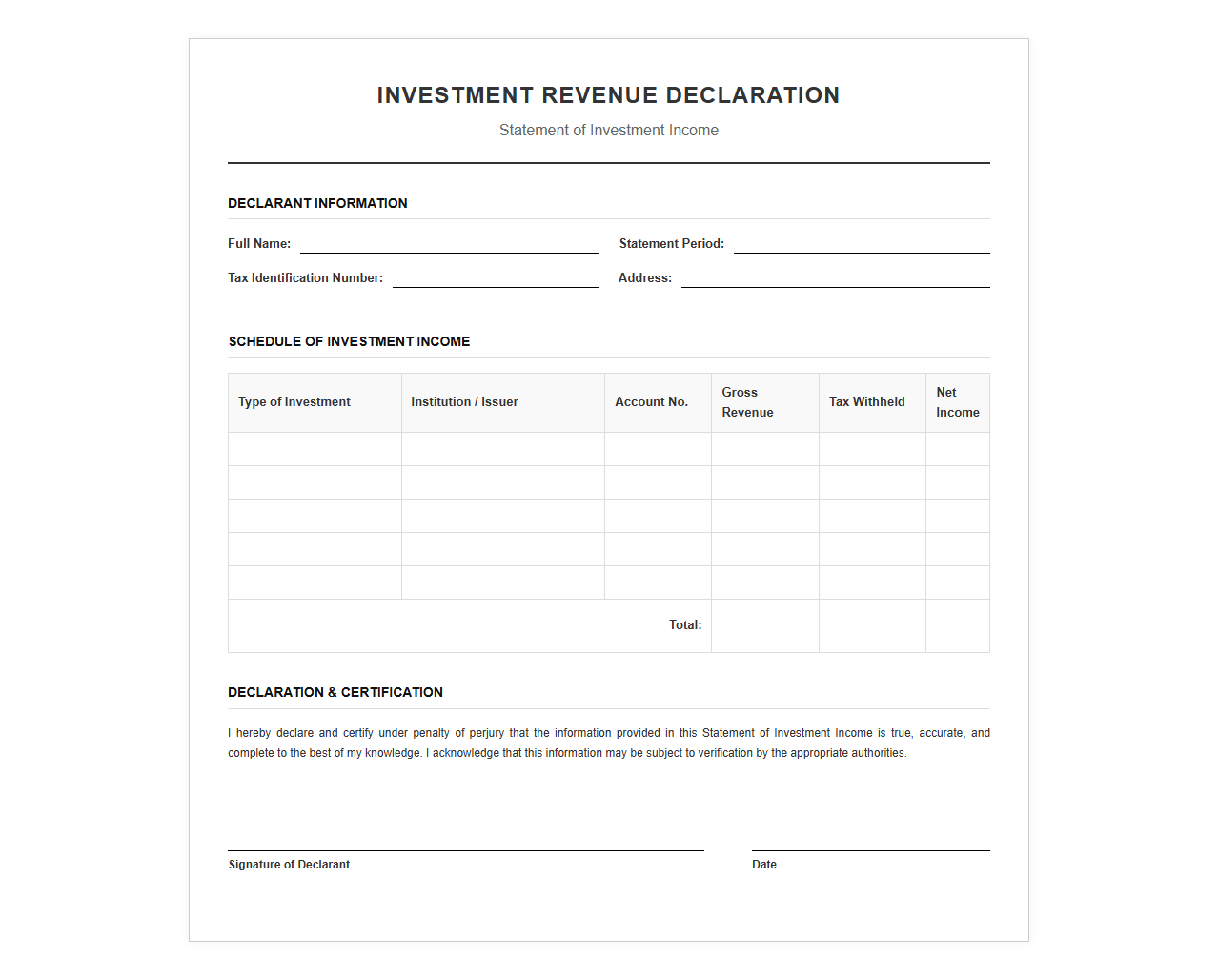 Investment Revenue Declaration Template