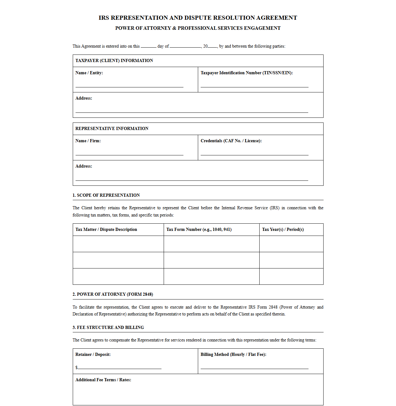IRS Tax Dispute Resolution and Power of Attorney Agreement
