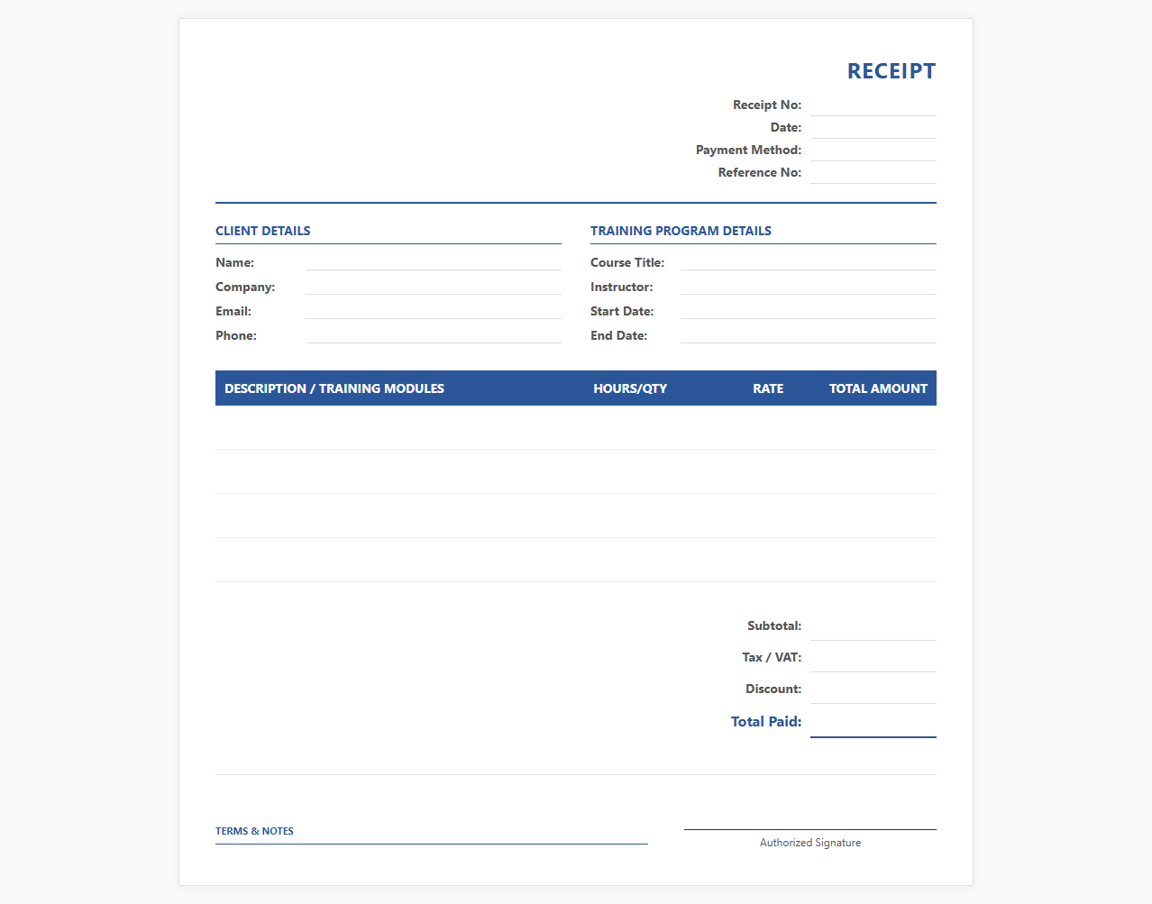 IT and Software Training Invoice Receipt