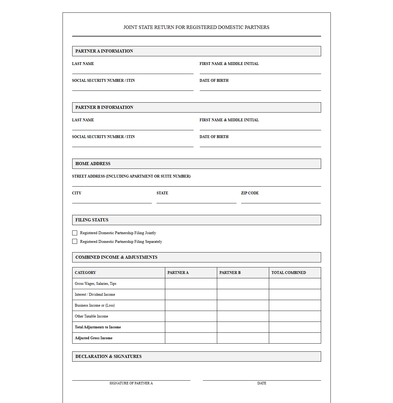 Joint State Return Template for Domestic Partners