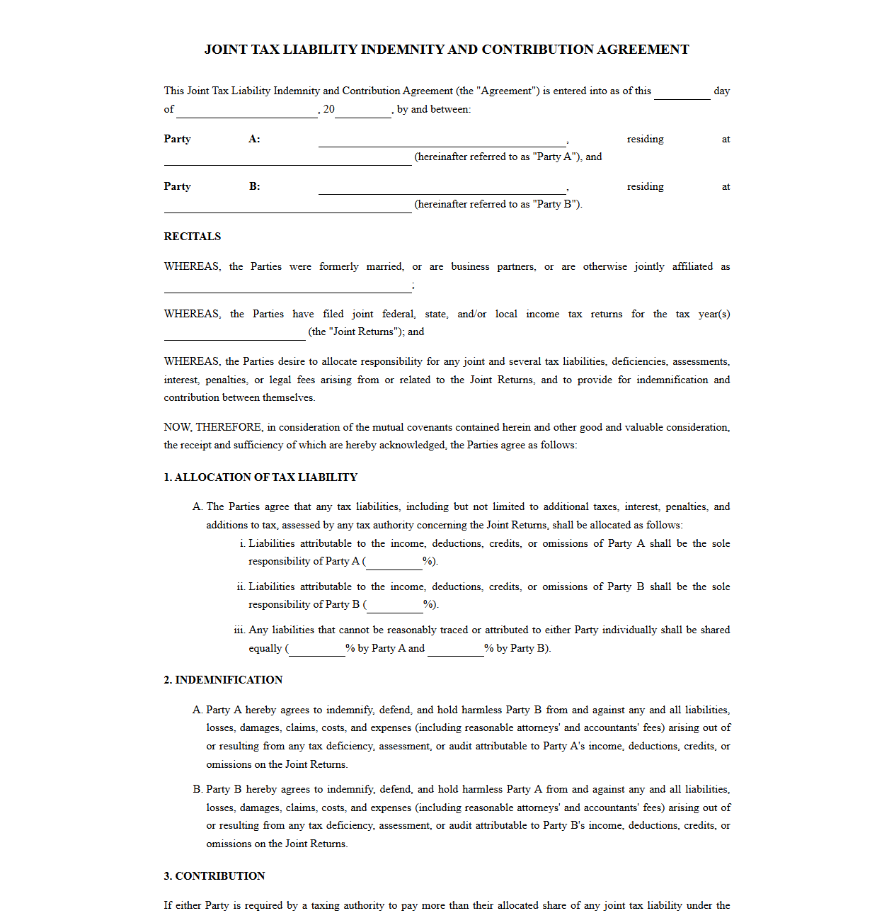 Joint Tax Liability Indemnity and Contribution Agreement