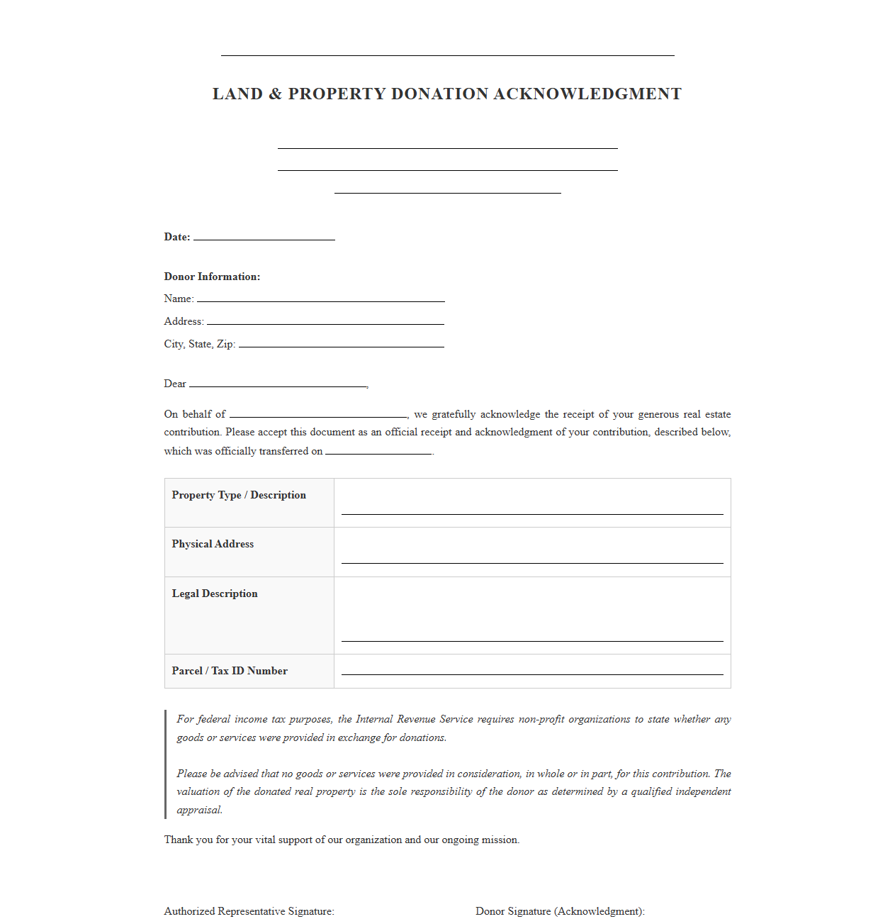 Land and Property Donation Acknowledgment Letter