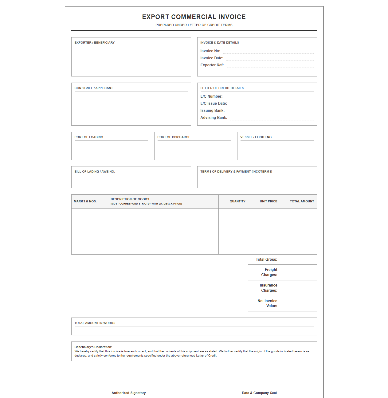 Letter of Credit Export Credit Invoice Template