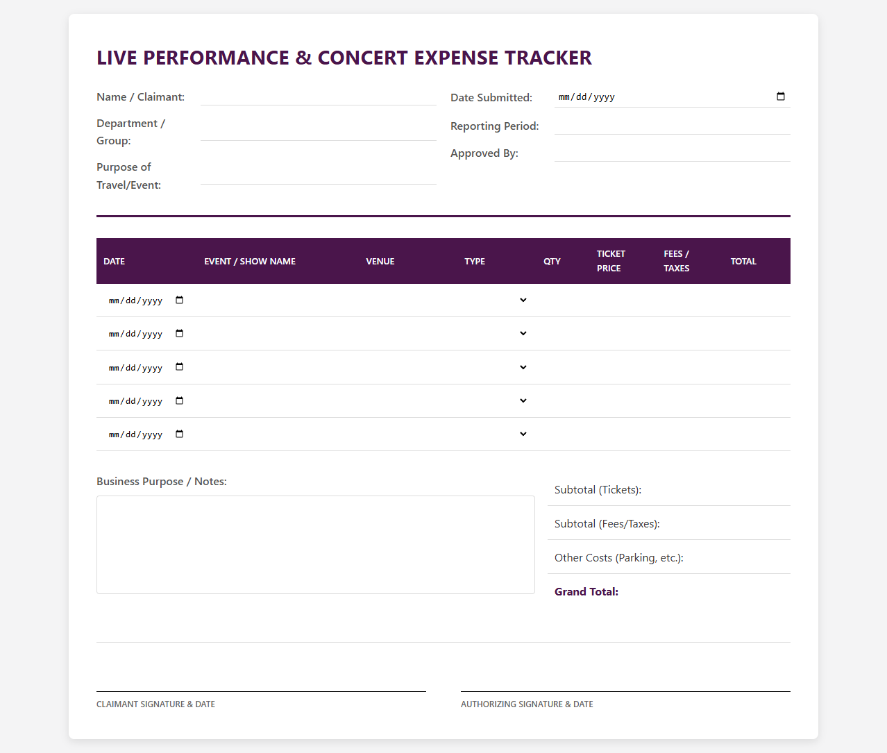 Live Performance and Concert Expense Tracker