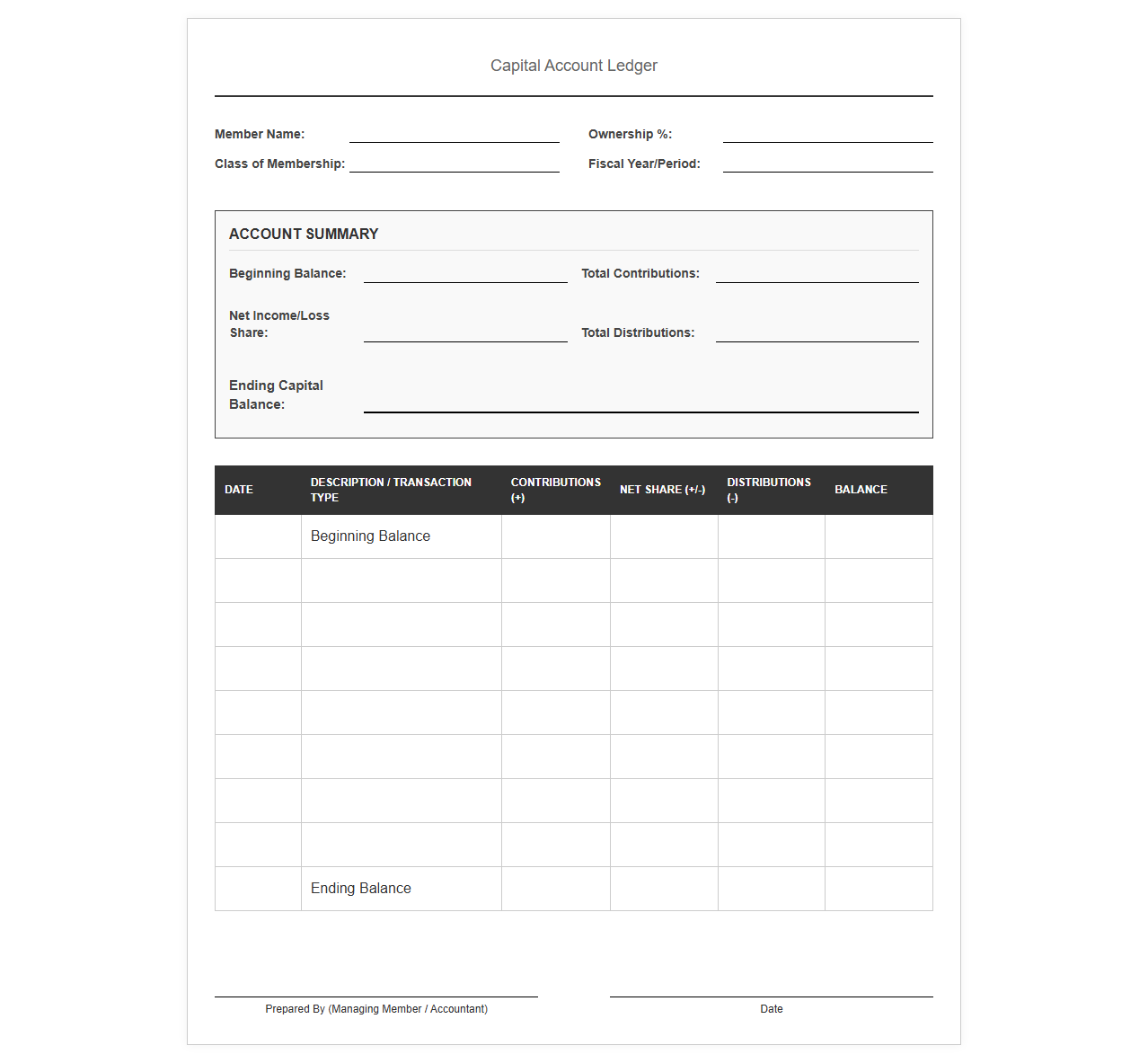 LLC Capital Account Ledger Template