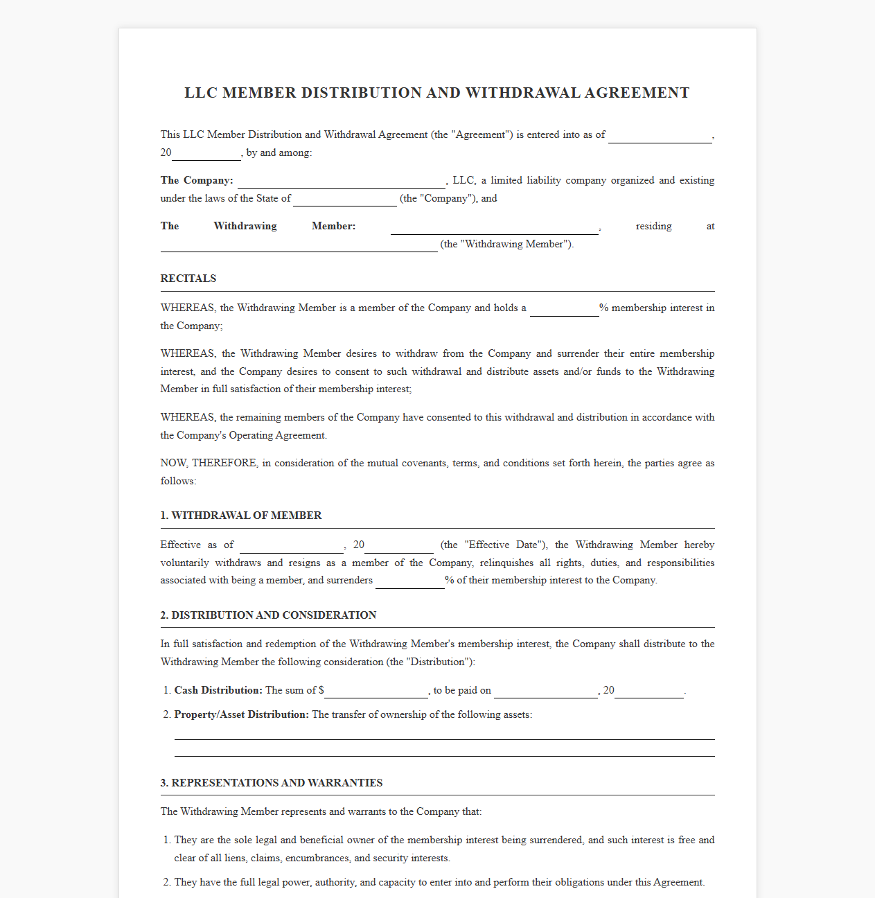 LLC Member Distribution and Withdrawal Agreement Template