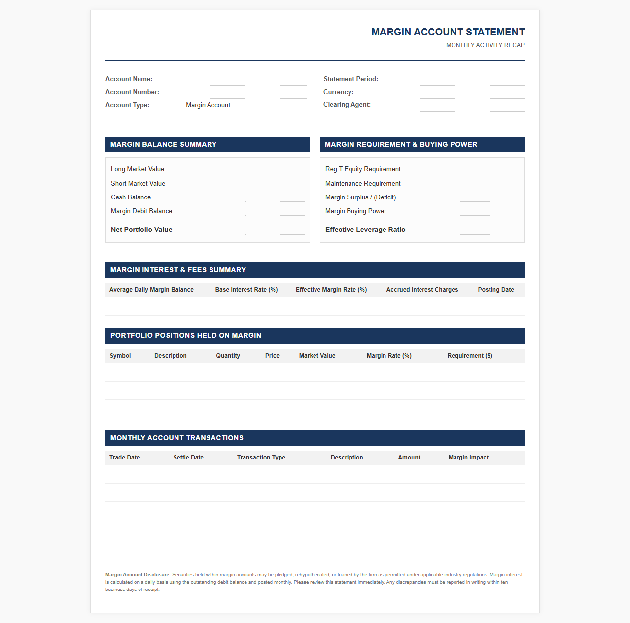 Margin Account Monthly Activity Statement Template