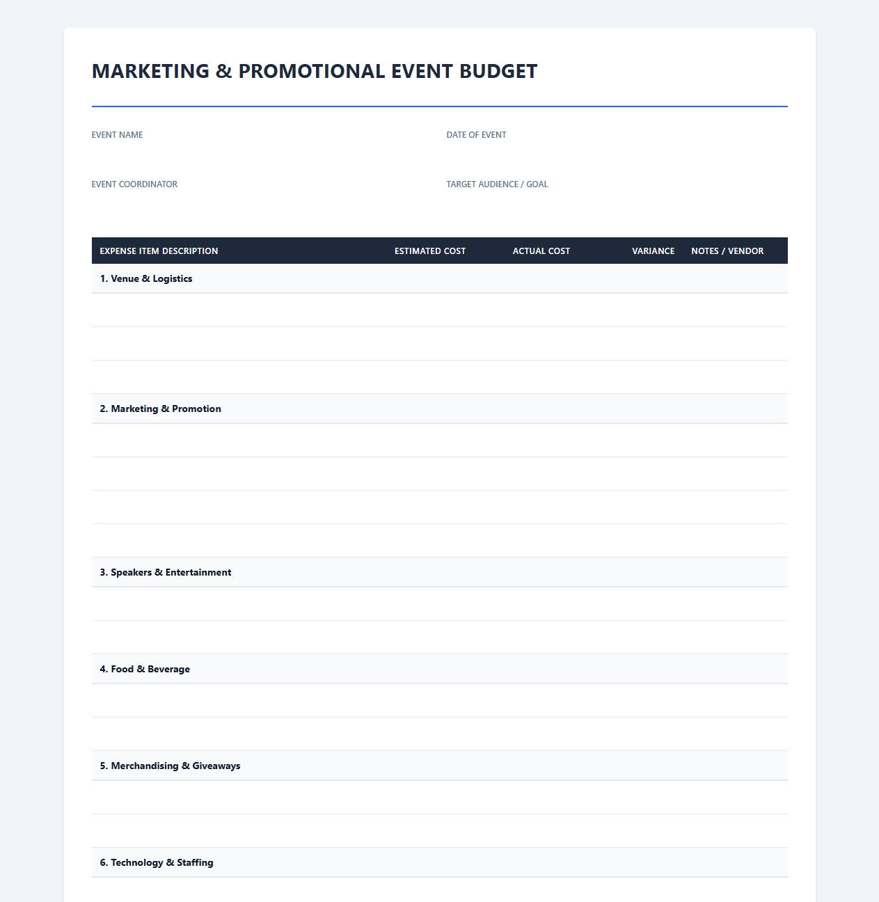 Marketing and Promo Event Budget Template