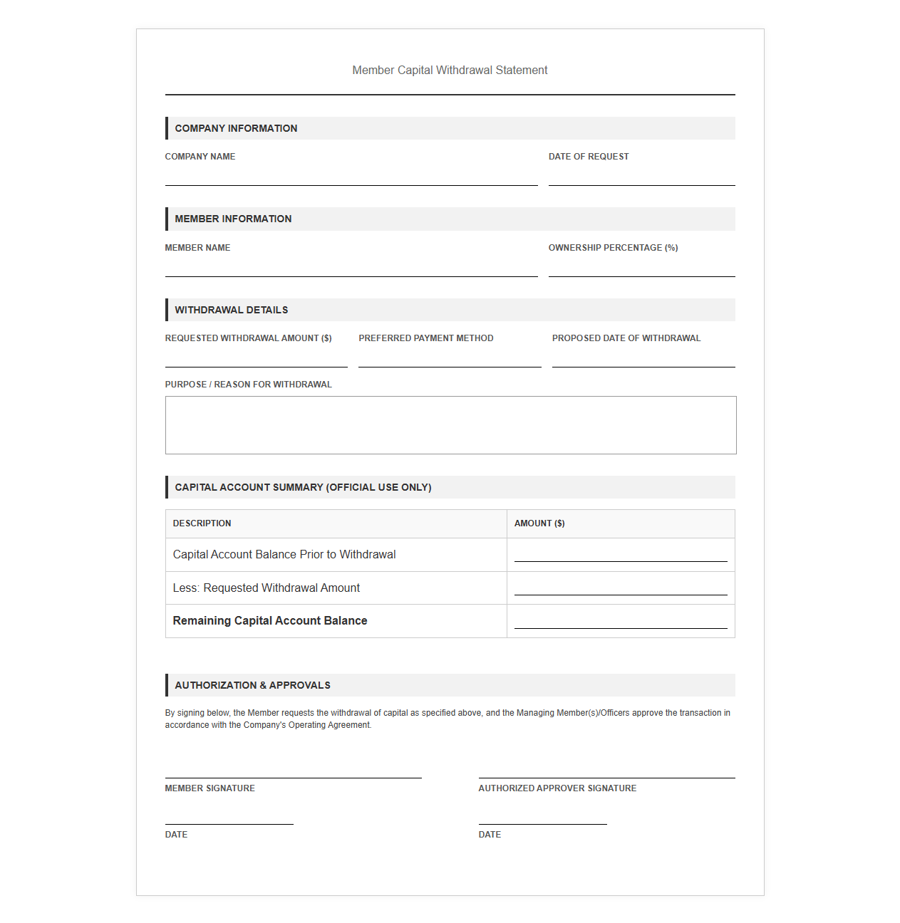 Member Capital Withdrawal Statement Form