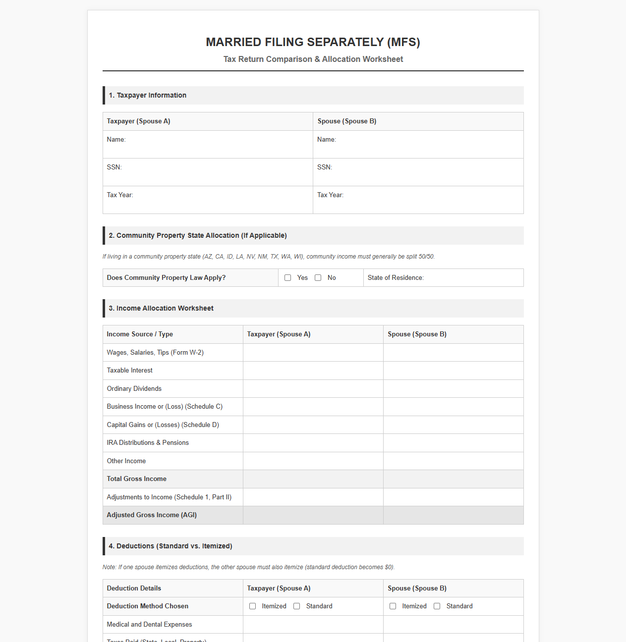 MFS Tax Return Worksheet and Template