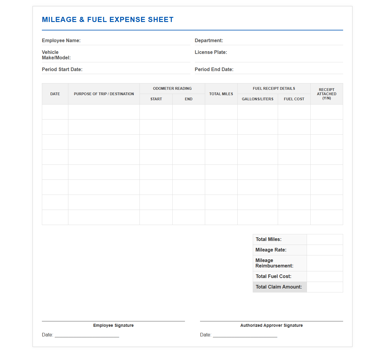 Mileage and Fuel Expense Receipt Sheet