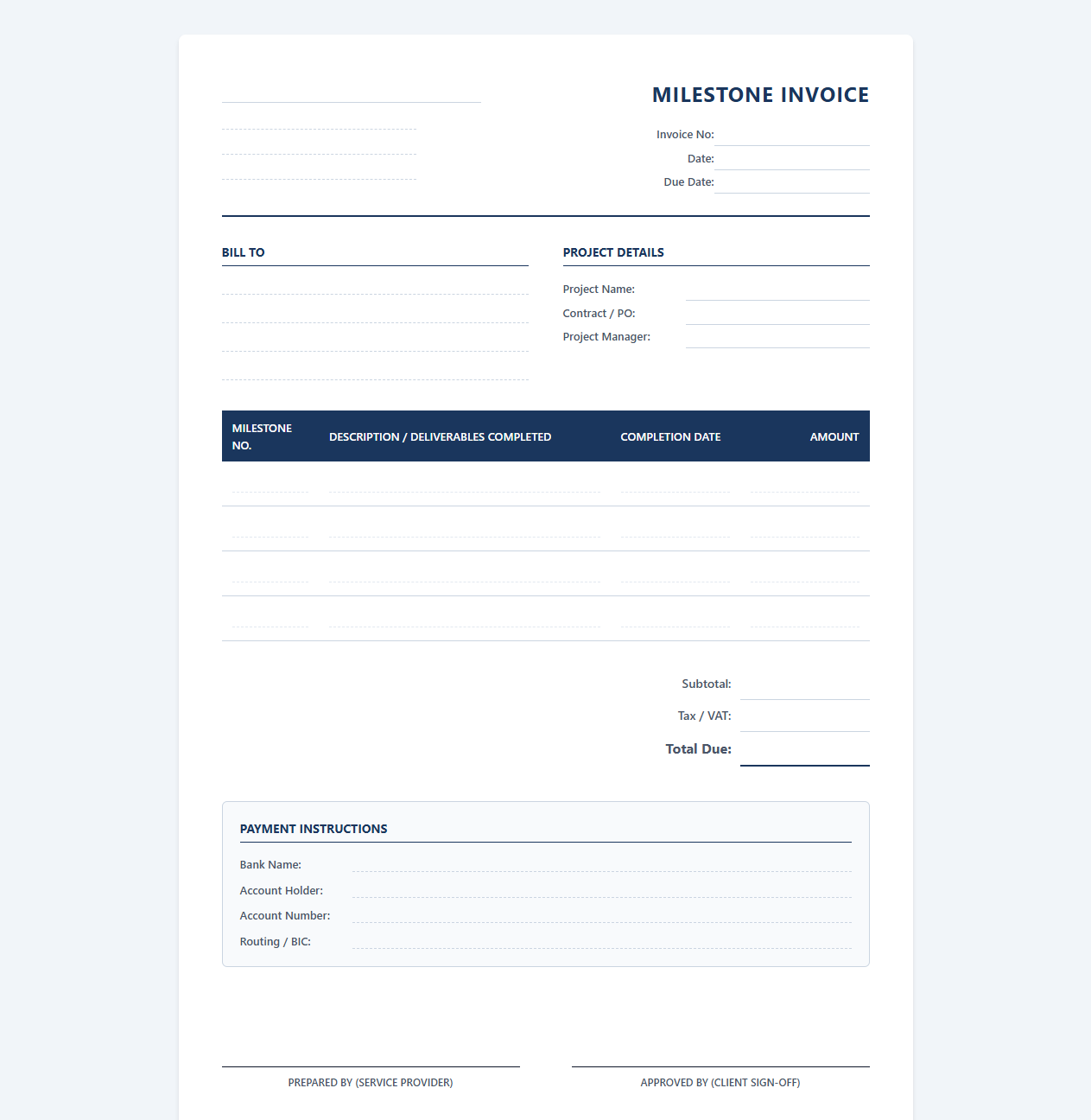 Milestone Payment Request Invoice Form
