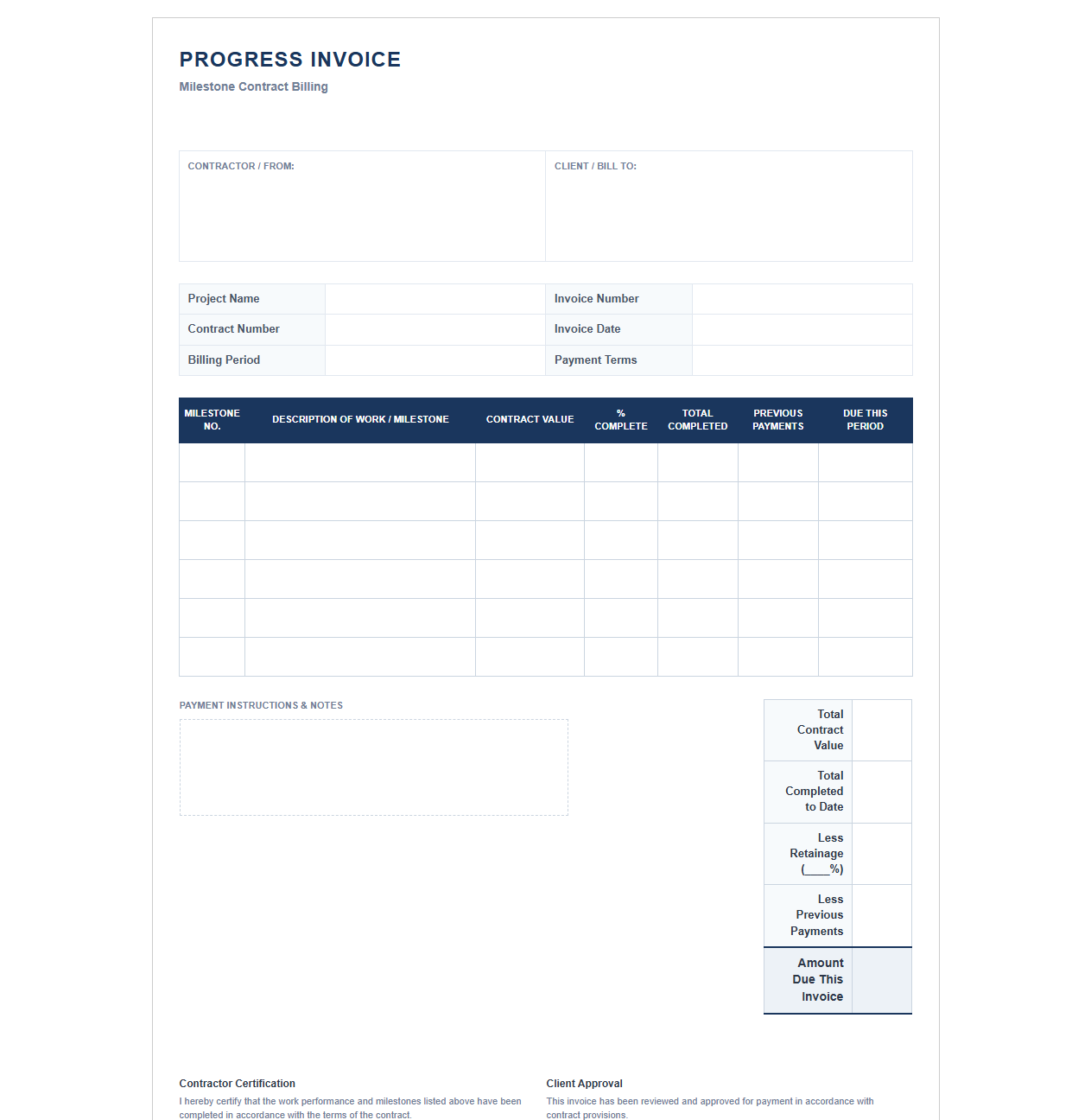 Milestone Progress Invoice for Contract Work