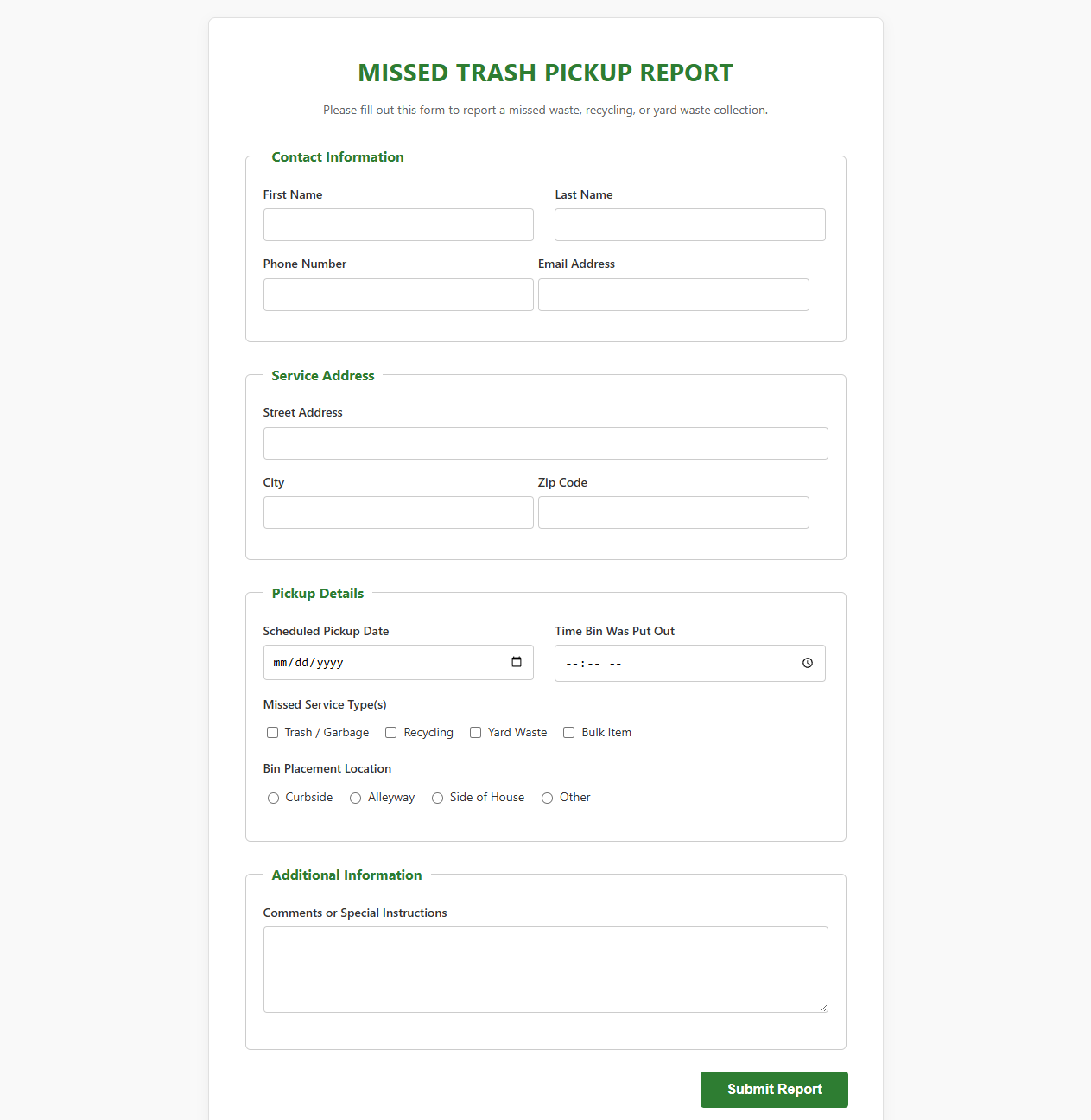 Missed Trash Pickup Report Template