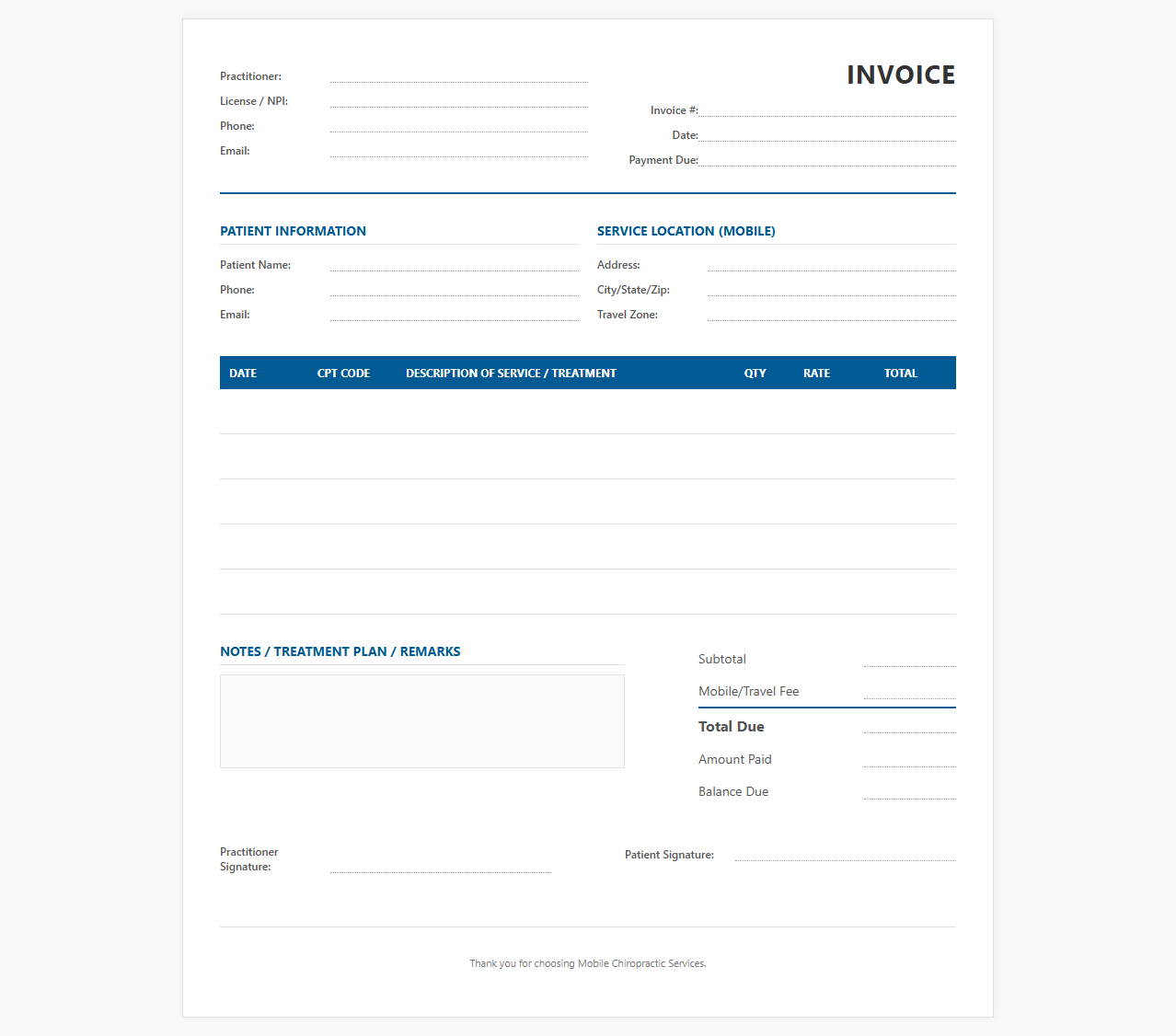 Mobile Chiropractic Services Invoice Template