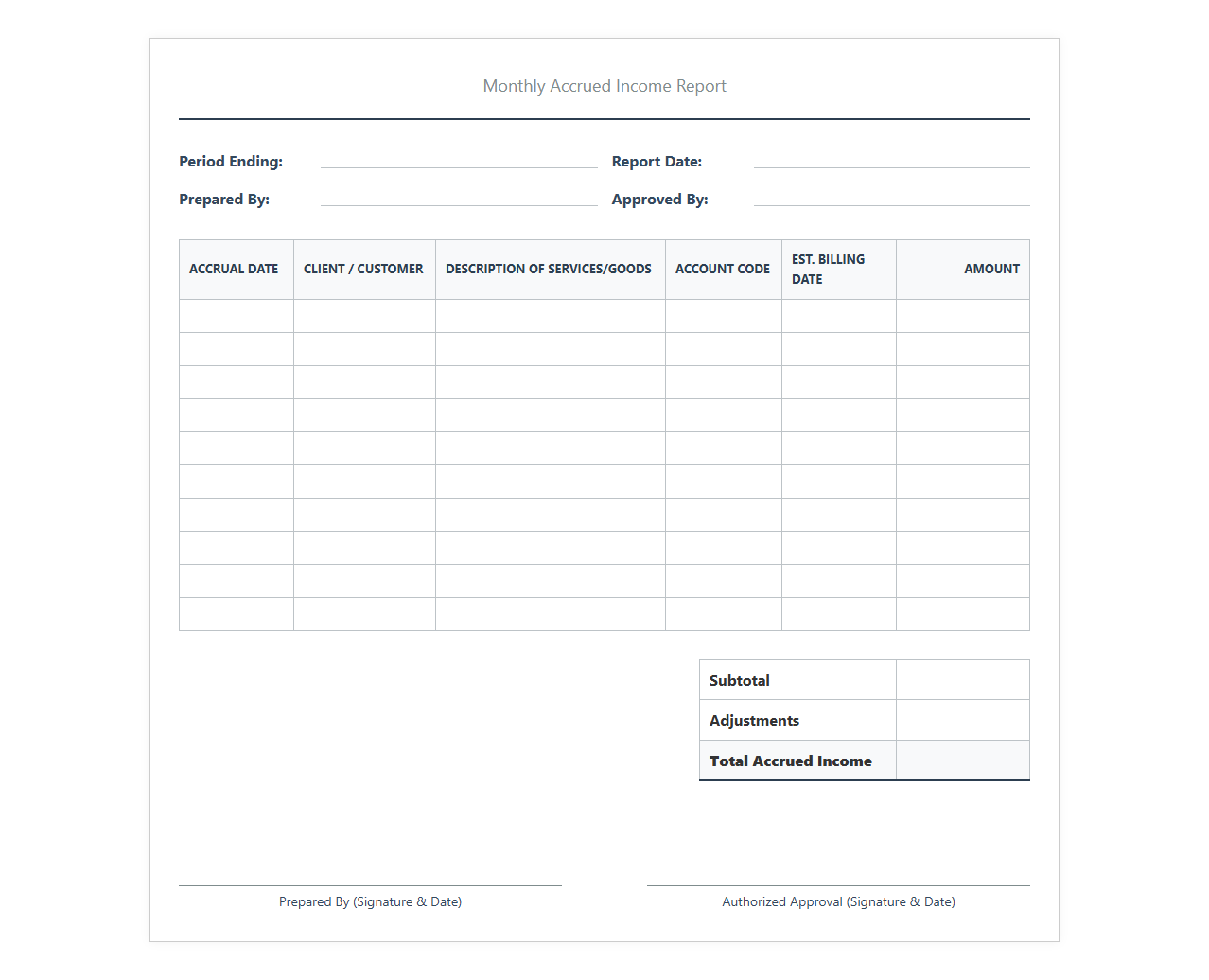 Monthly Accrued Income Report Template