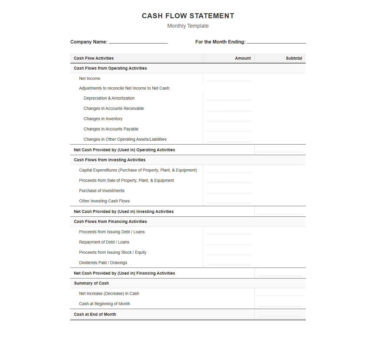 Monthly Cash Flow Statement Template