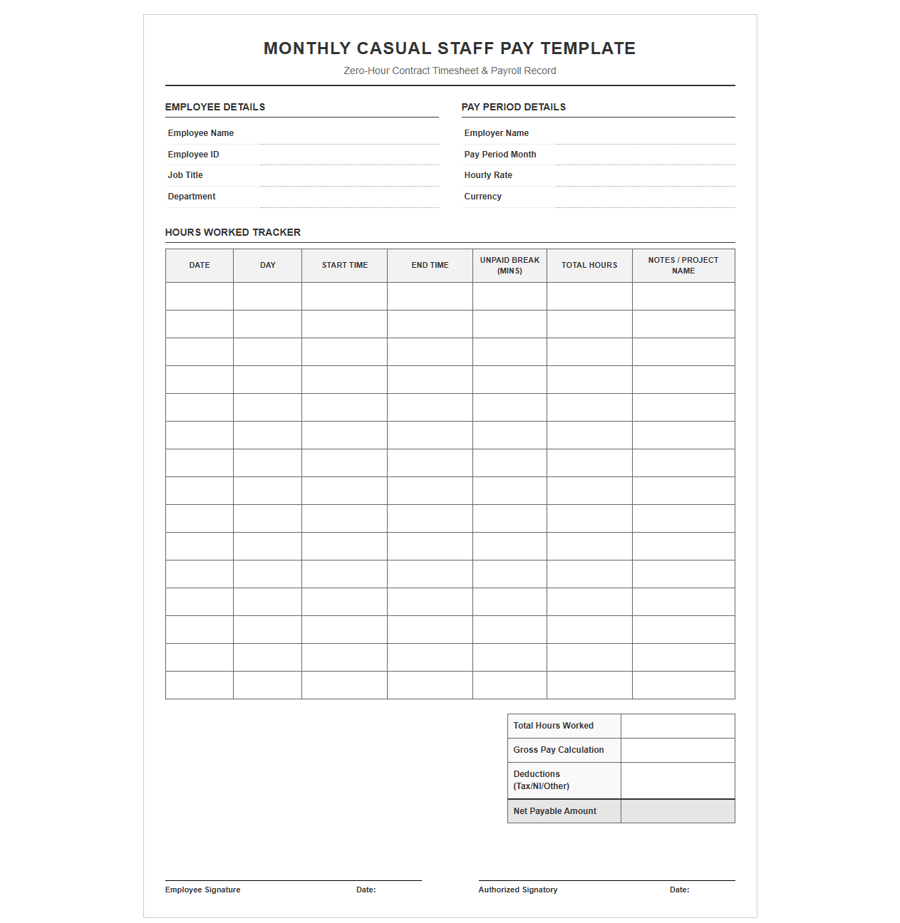 Monthly Casual Staff Pay Template
