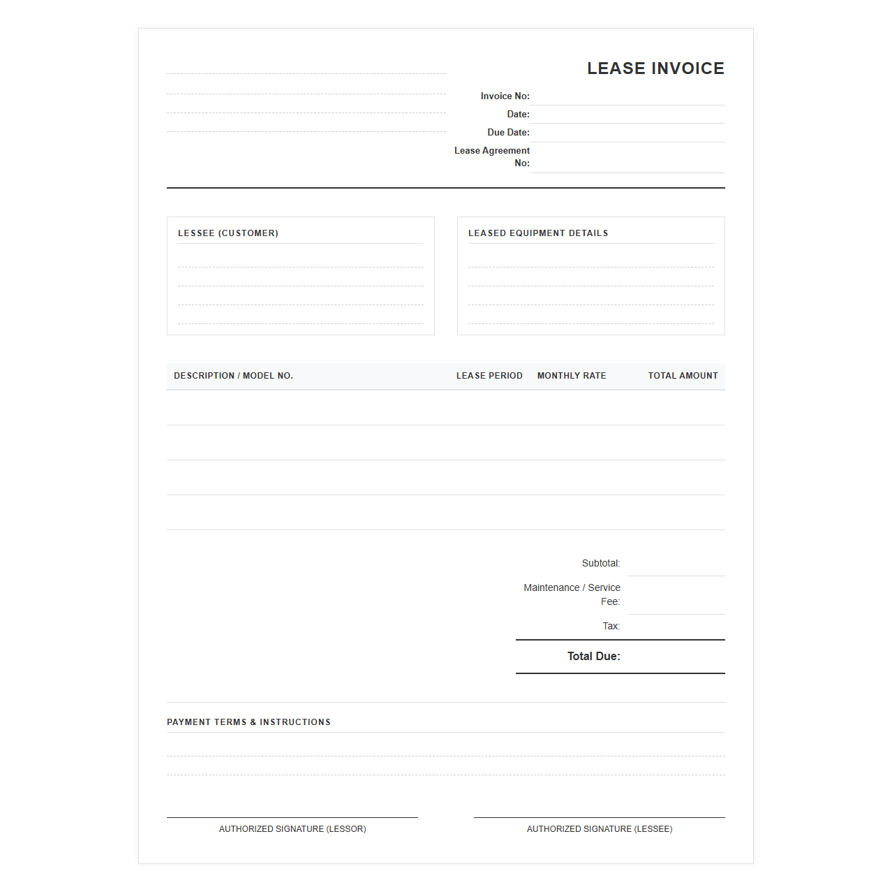 Monthly Commercial Equipment Lease Invoice