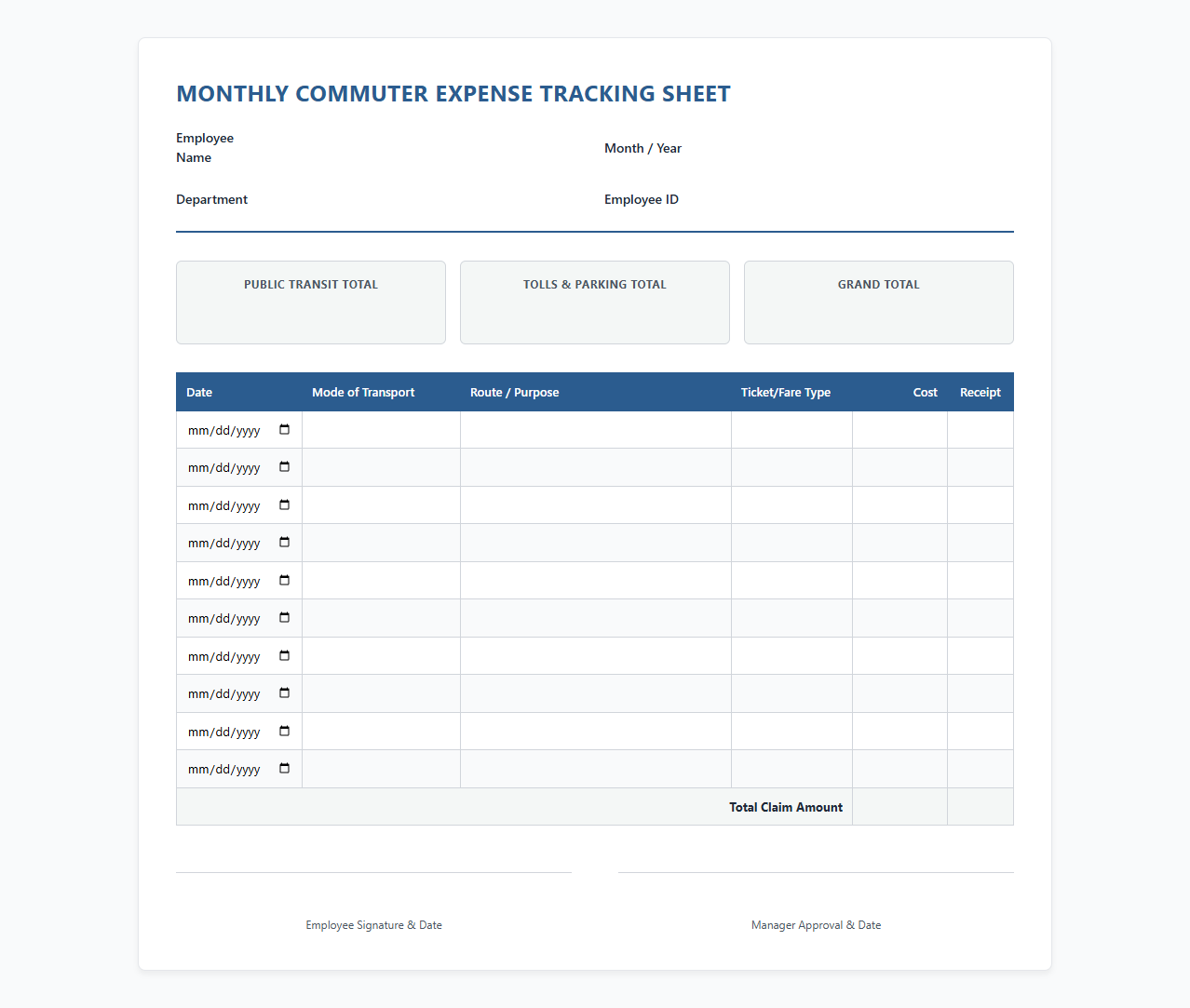 Monthly Commuter Expense Tracking Sheet