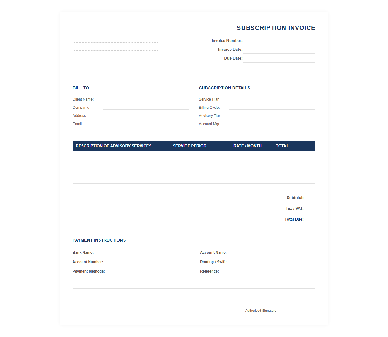 Monthly Financial Advisory Subscription Invoice Template