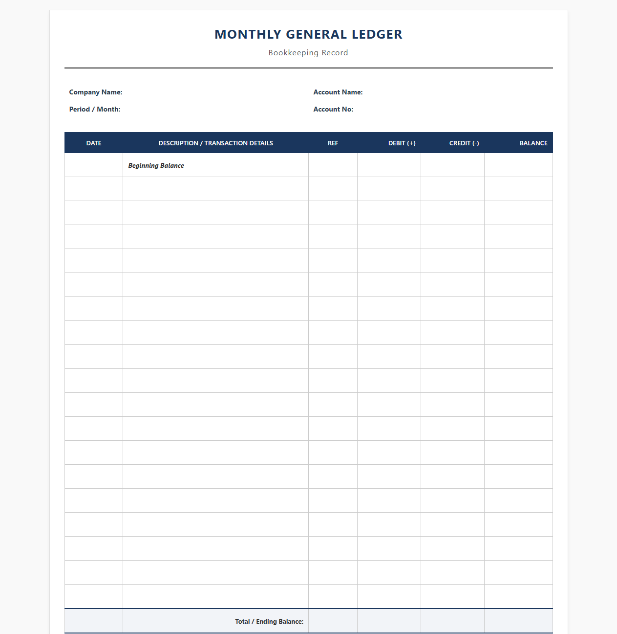 Monthly General Ledger Bookkeeping Template