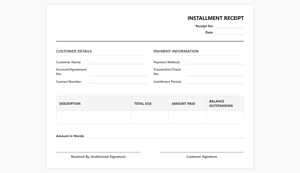 Monthly Installment Receipt Template