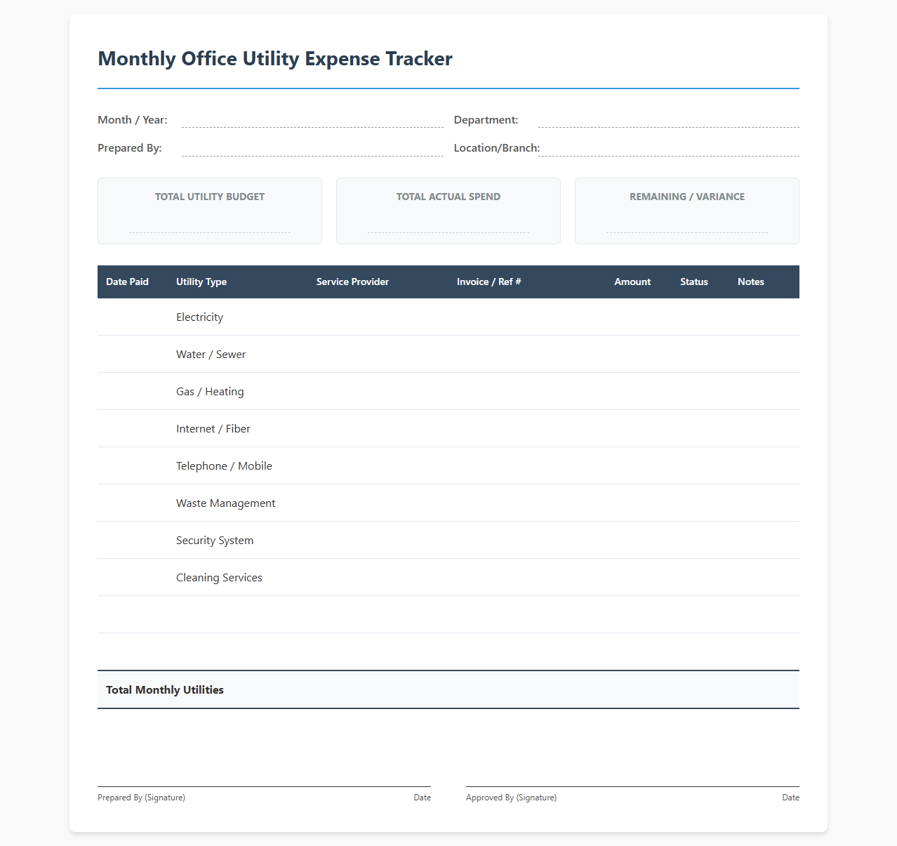 Monthly Office Utility Expense Tracker