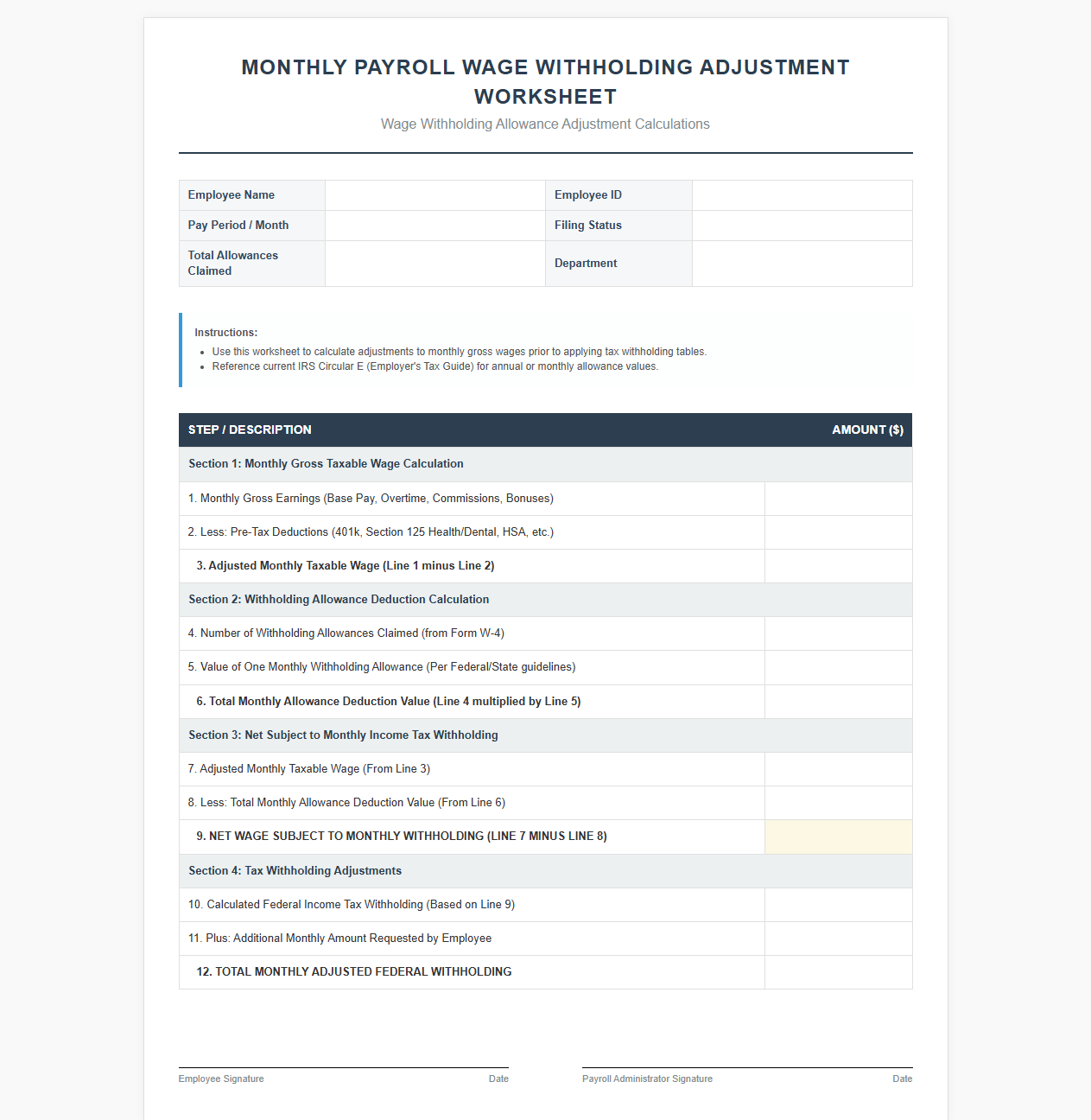 Monthly Payroll Wage Withholding Adjustment Worksheet
