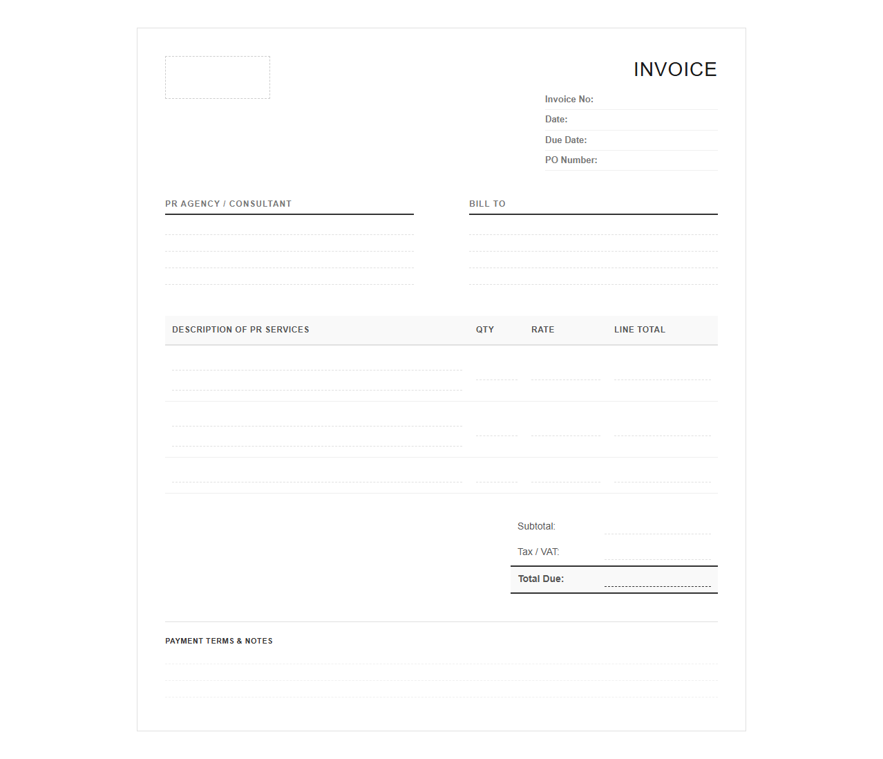 Monthly PR Retainer Fee Invoice