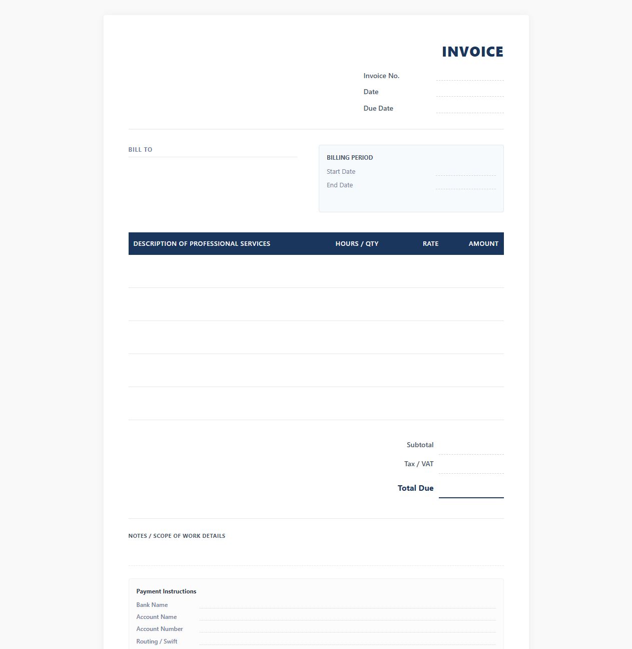 Monthly Professional Services Billing Template