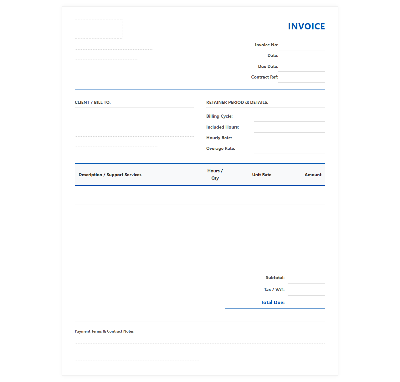 Monthly Retainer Support Contract Invoice