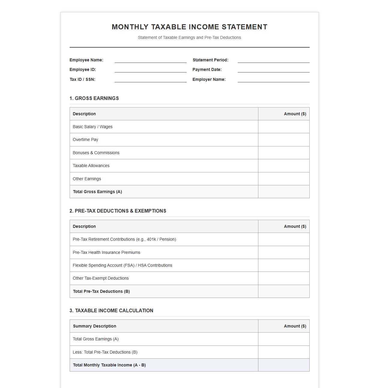 Monthly Taxable Income Statement Template