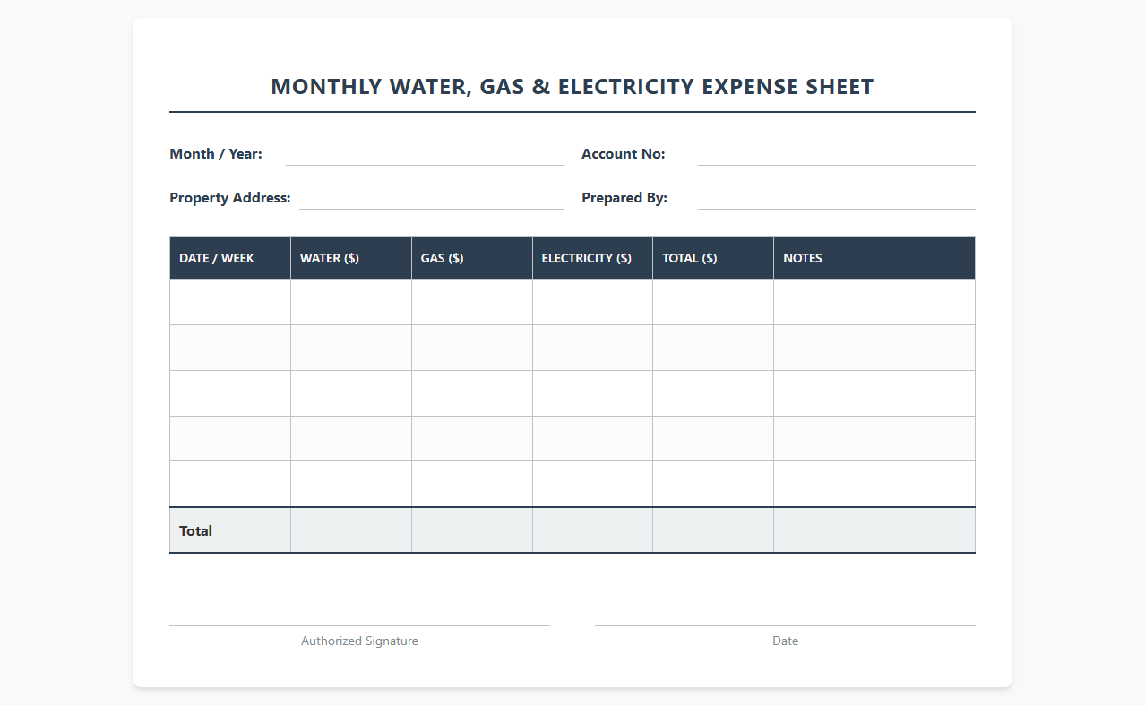 Monthly Water Gas and Electricity Expense Sheet