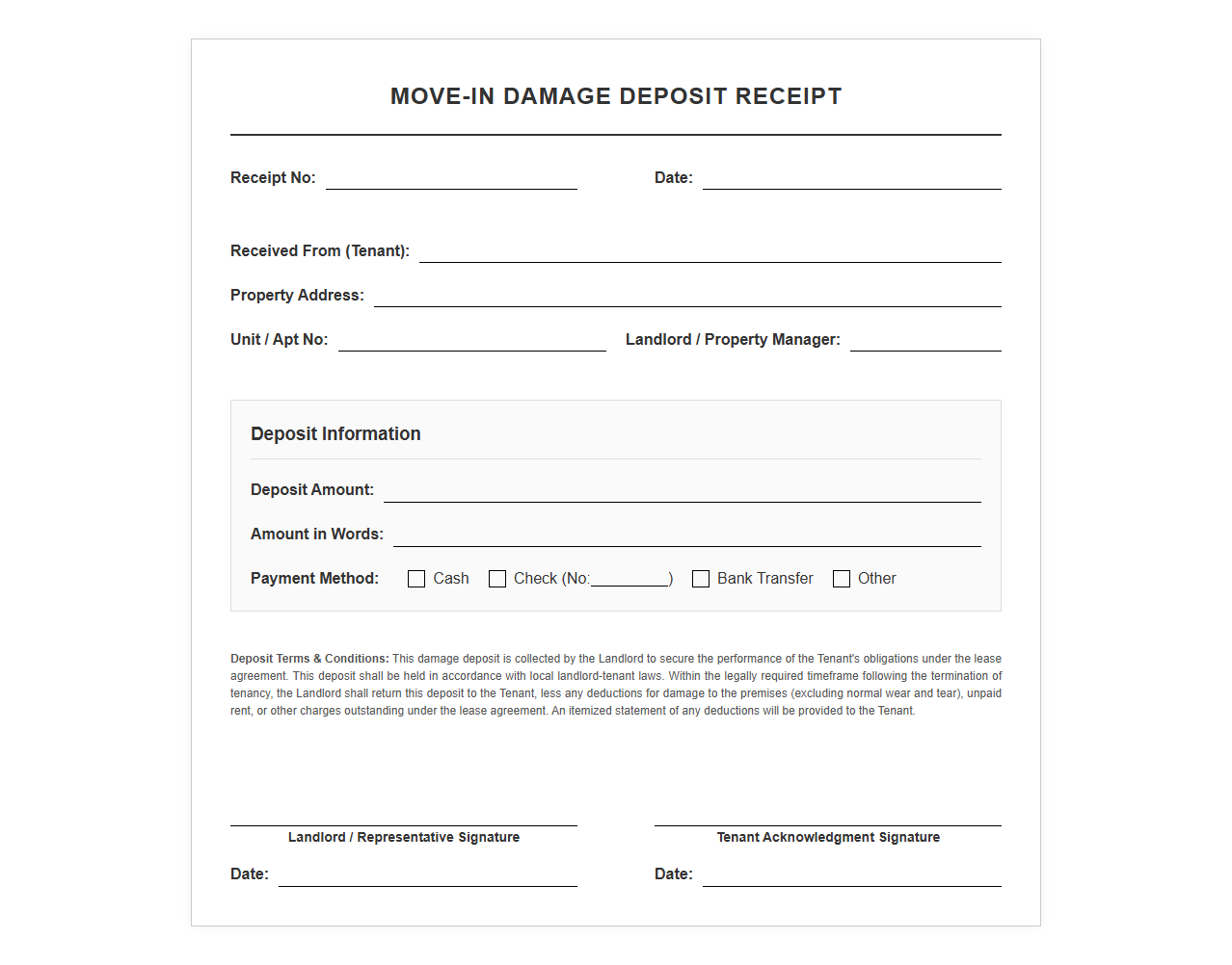 Move-in Damage Deposit Receipt Form