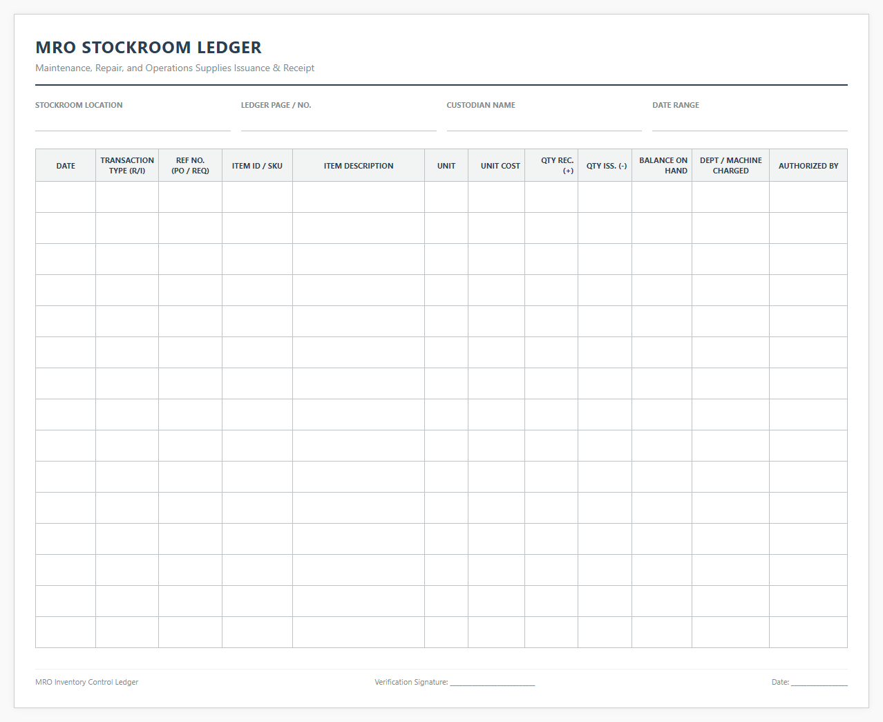 MRO Stockroom Issuance and Receipt Ledger