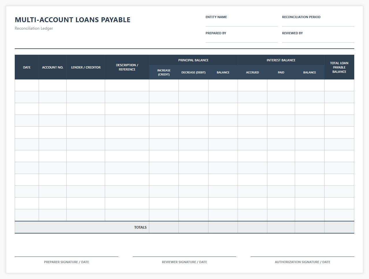 Multi-Account Loans Payable Reconciliation Ledger